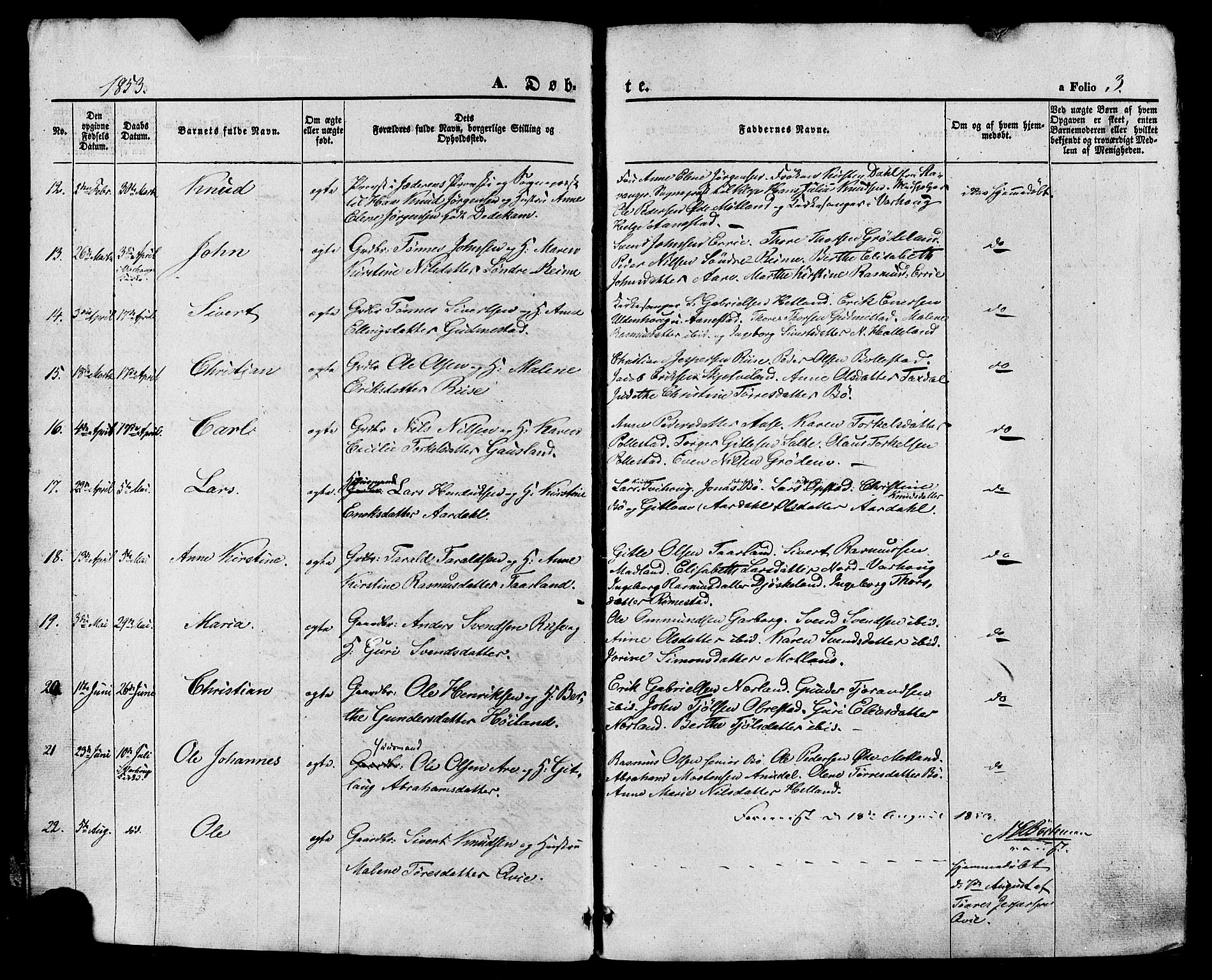 Hå sokneprestkontor, SAST/A-101801/001/30BA/L0008: Parish register (official) no. A 7, 1853-1878, p. 3