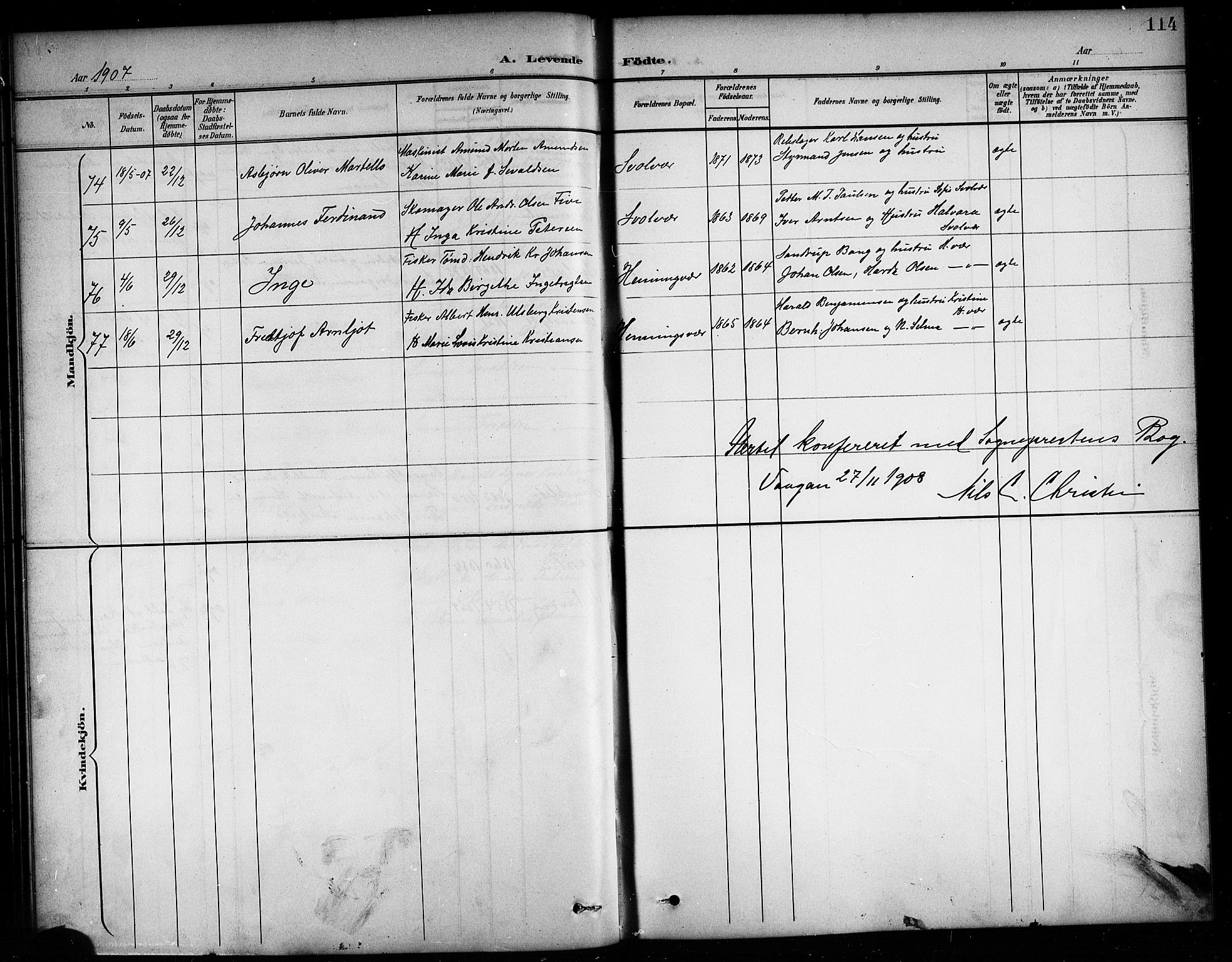 Ministerialprotokoller, klokkerbøker og fødselsregistre - Nordland, AV/SAT-A-1459/874/L1078: Parish register (copy) no. 874C07, 1900-1907, p. 114