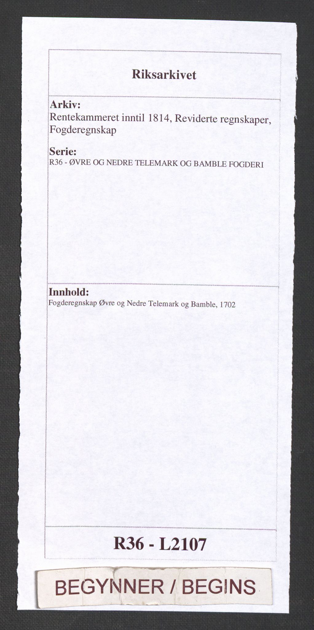 Rentekammeret inntil 1814, Reviderte regnskaper, Fogderegnskap, AV/RA-EA-4092/R36/L2107: Fogderegnskap Øvre og Nedre Telemark og Bamble, 1702, p. 1