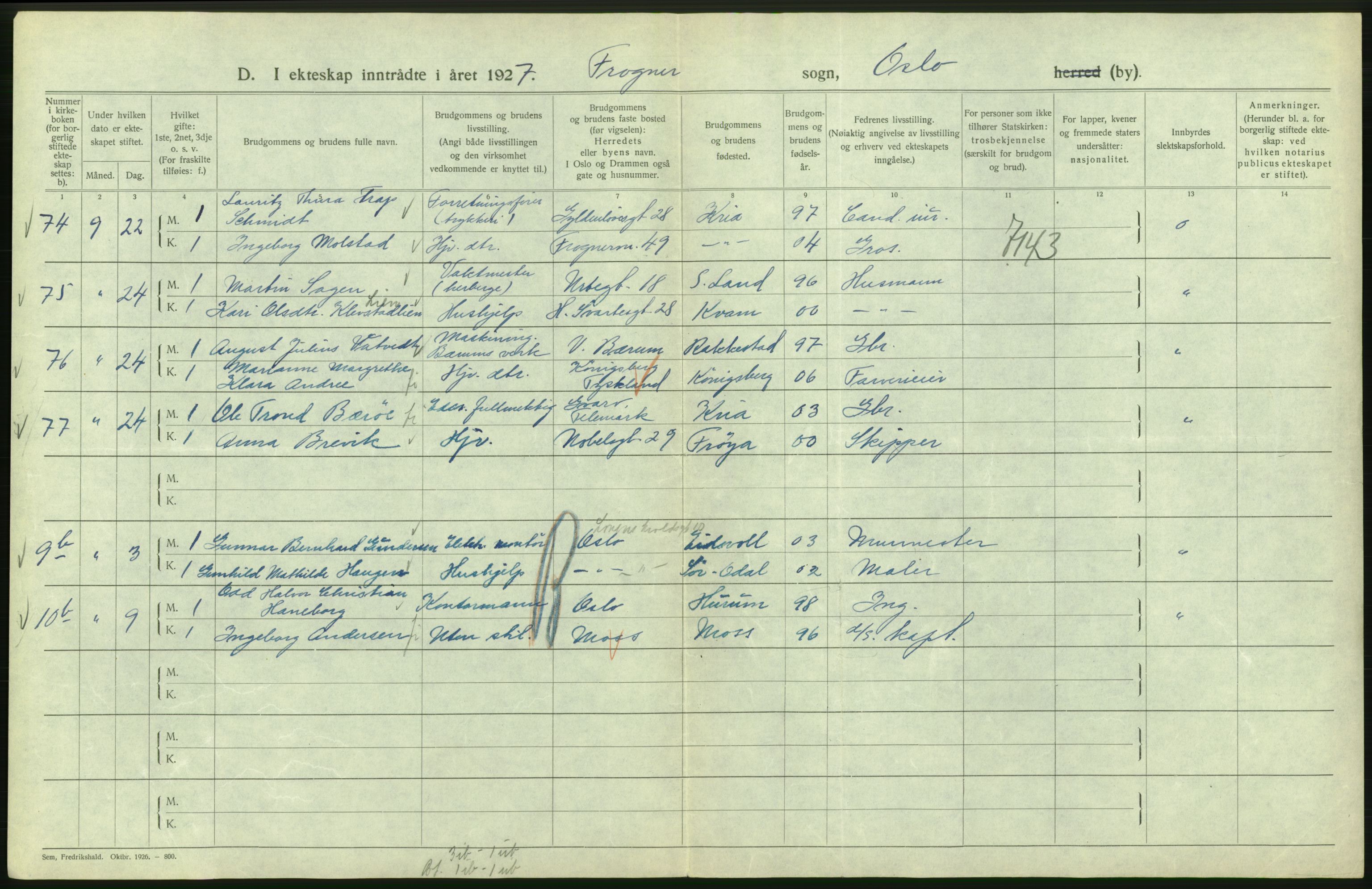 Statistisk sentralbyrå, Sosiodemografiske emner, Befolkning, AV/RA-S-2228/D/Df/Dfc/Dfcg/L0008: Oslo: Gifte, 1927, p. 184