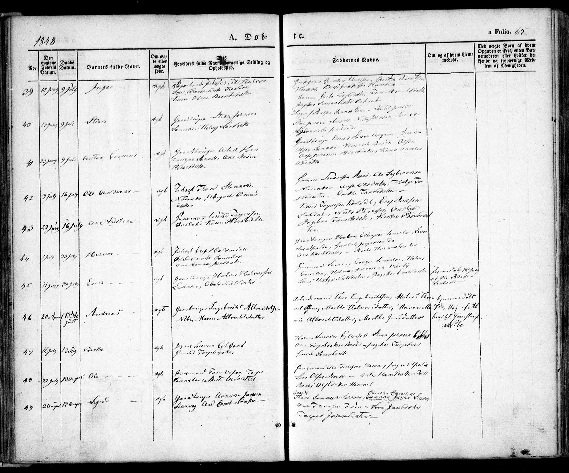 Søndeled sokneprestkontor, SAK/1111-0038/F/Fa/L0002: Parish register (official) no. A 2, 1839-1860, p. 65