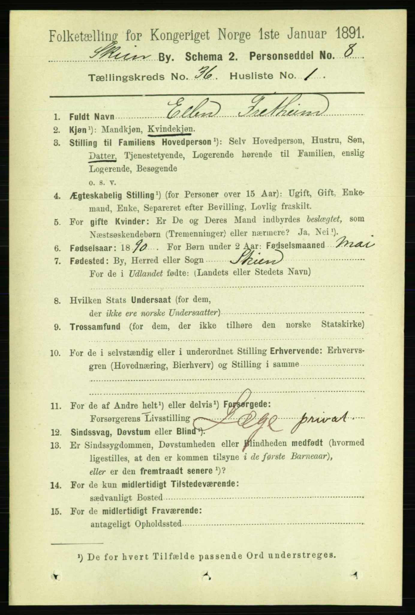 RA, 1891 census for 0806 Skien, 1891, p. 7952