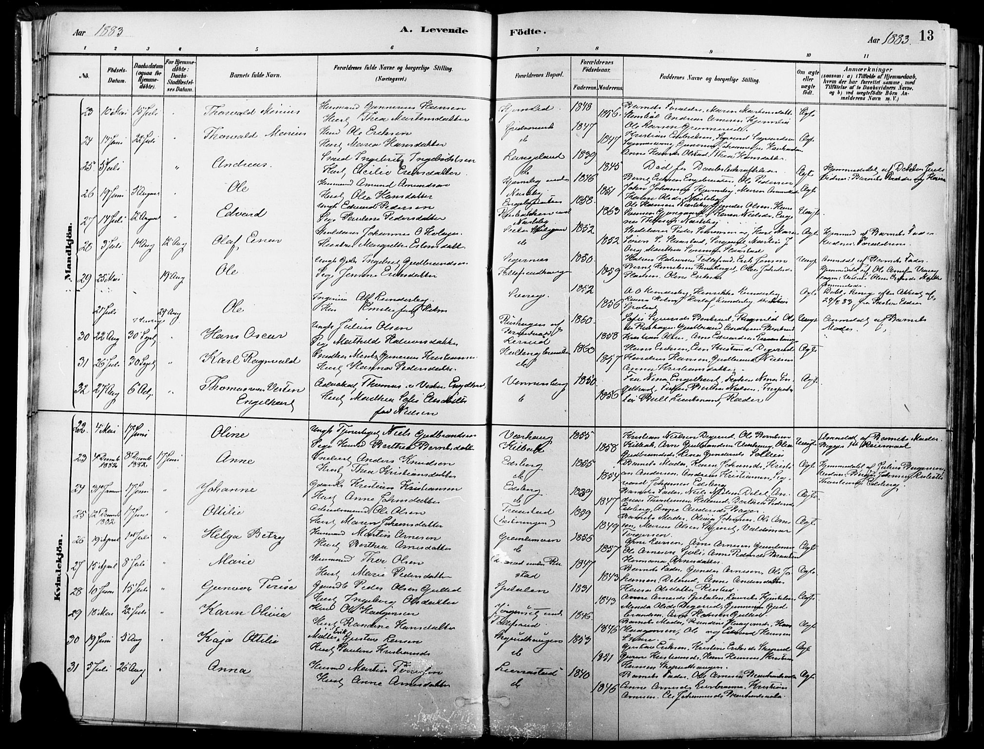 Vinger prestekontor, AV/SAH-PREST-024/H/Ha/Haa/L0014: Parish register (official) no. 14, 1881-1900, p. 13