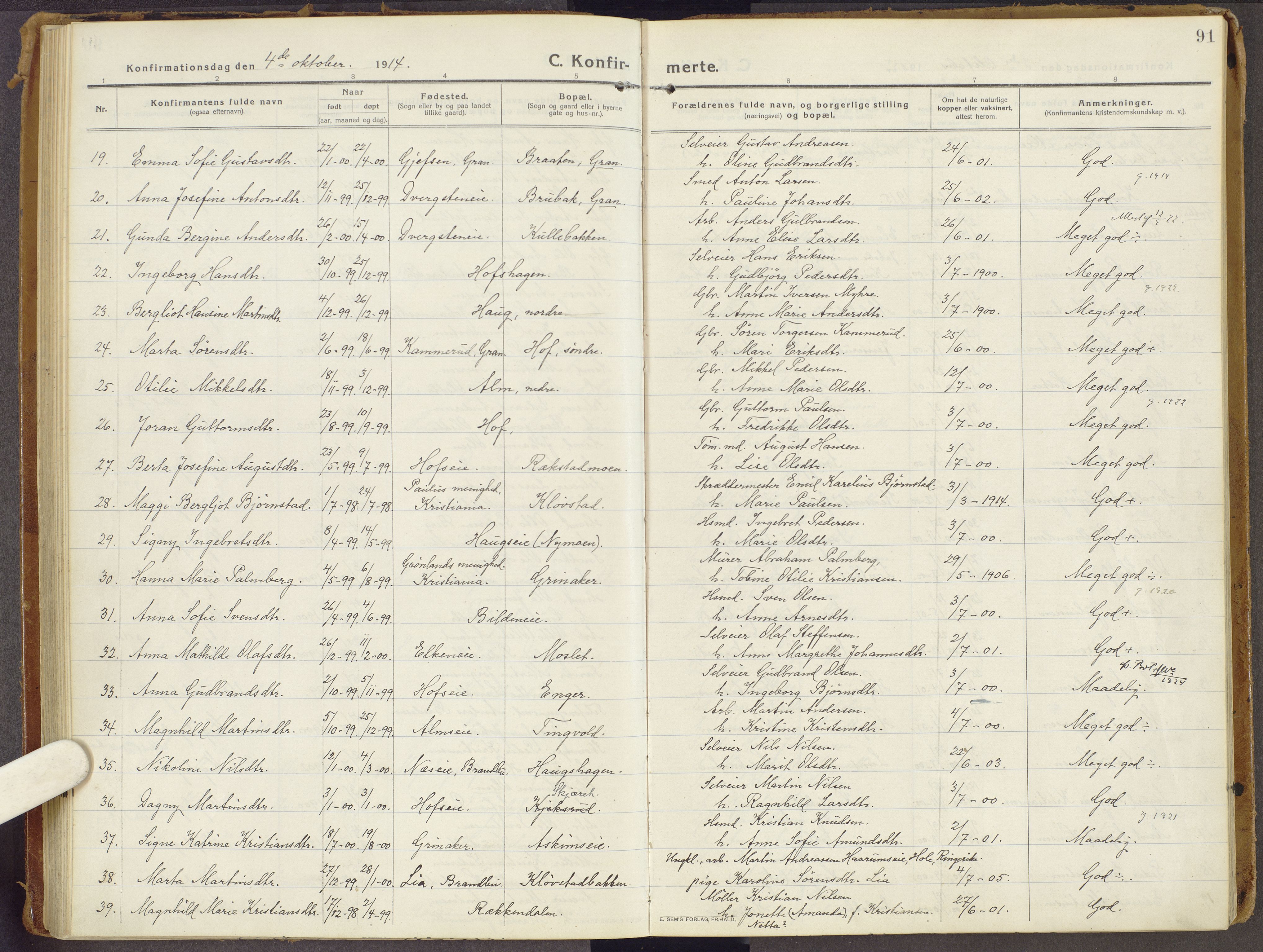 Brandbu prestekontor, SAH/PREST-114/H/Ha/Haa/L0003: Parish register (official) no. 3, 1914-1928, p. 91