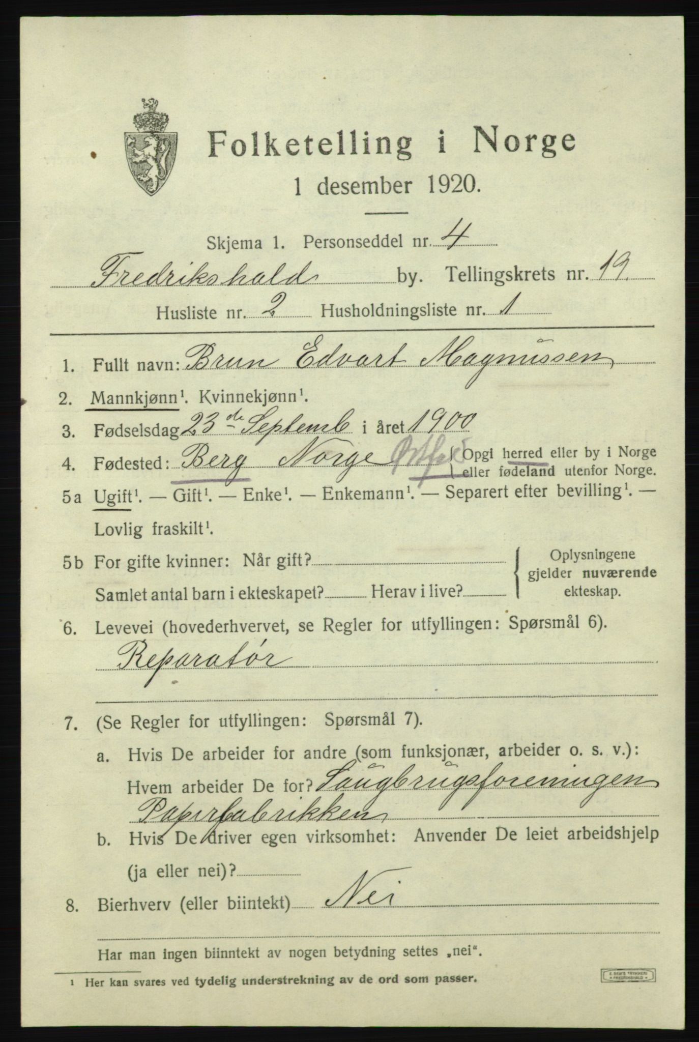 SAO, 1920 census for Fredrikshald, 1920, p. 28092