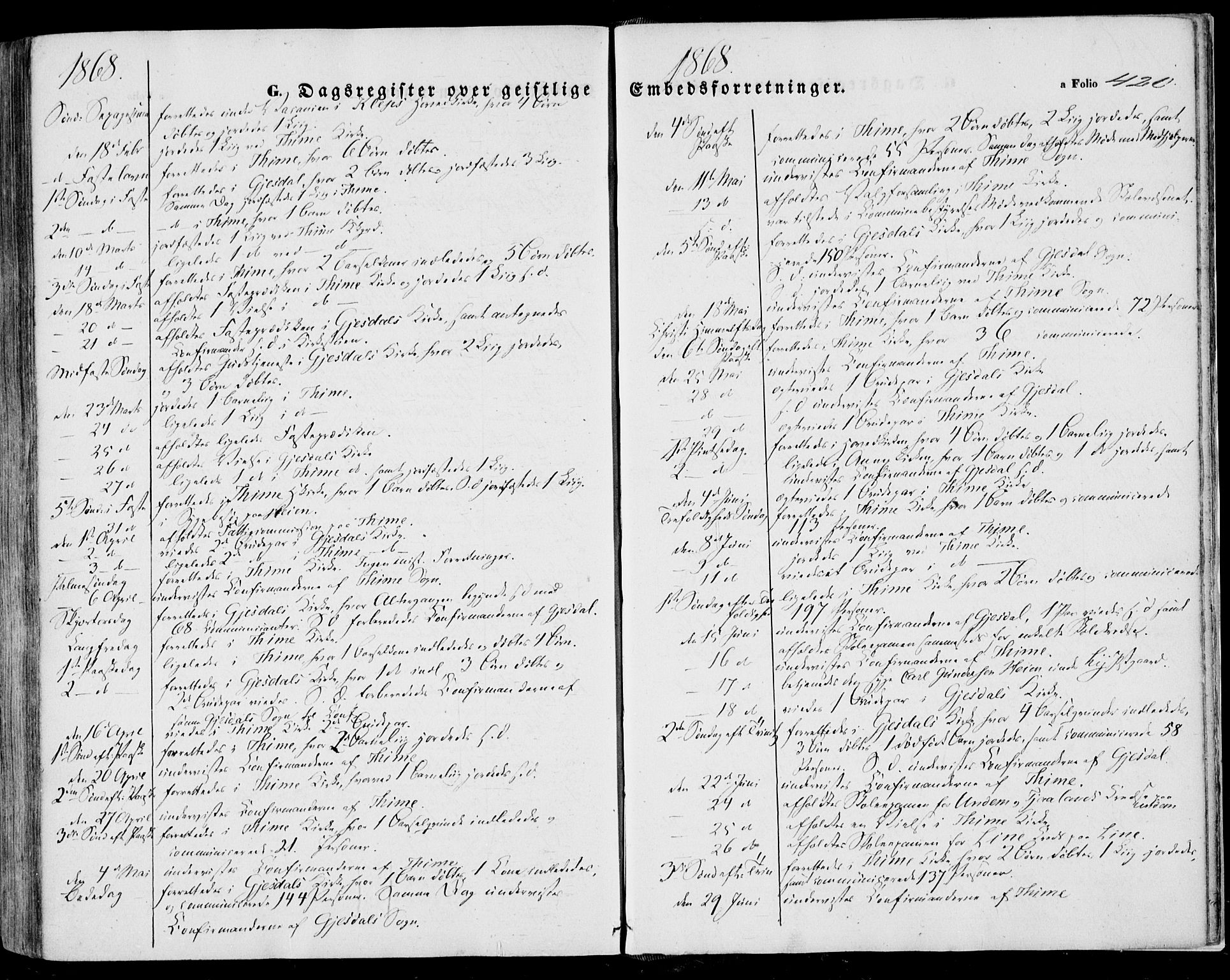 Lye sokneprestkontor, SAST/A-101794/001/30BA/L0007: Parish register (official) no. A 6, 1856-1871, p. 420