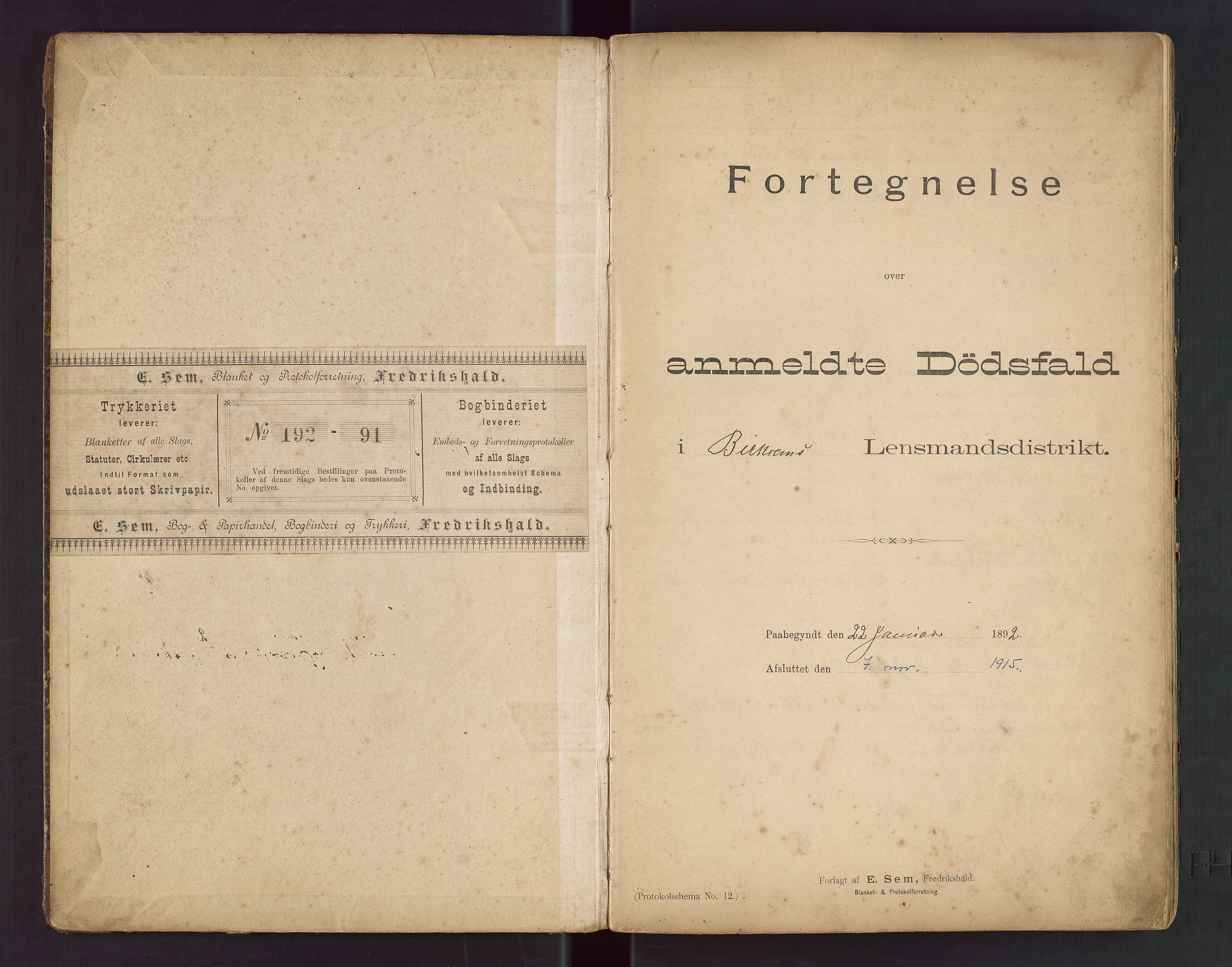 Bjerkreim lensmannskontor, SAST/A-100090/Gga/L0001: "Fortegnelse over anmeldte Dødsfald i Birkrems Lendsmandsdistrikt", 1892-1915