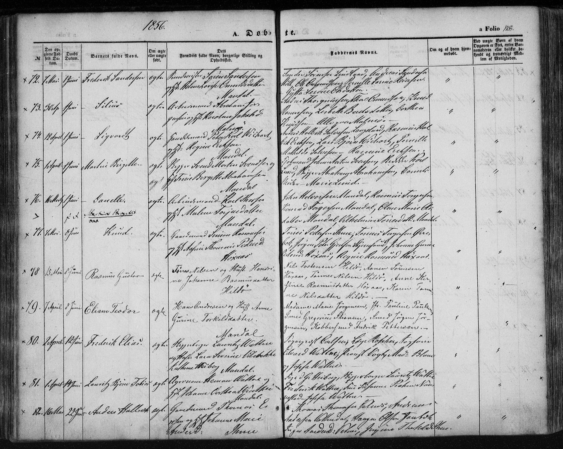 Mandal sokneprestkontor, SAK/1111-0030/F/Fa/Faa/L0013: Parish register (official) no. A 13, 1847-1859, p. 128