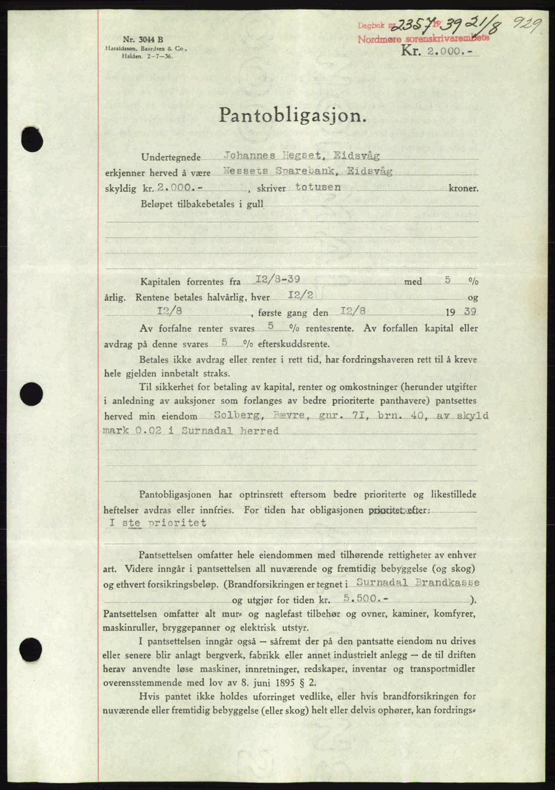 Nordmøre sorenskriveri, AV/SAT-A-4132/1/2/2Ca: Mortgage book no. B85, 1939-1939, Diary no: : 2357/1939