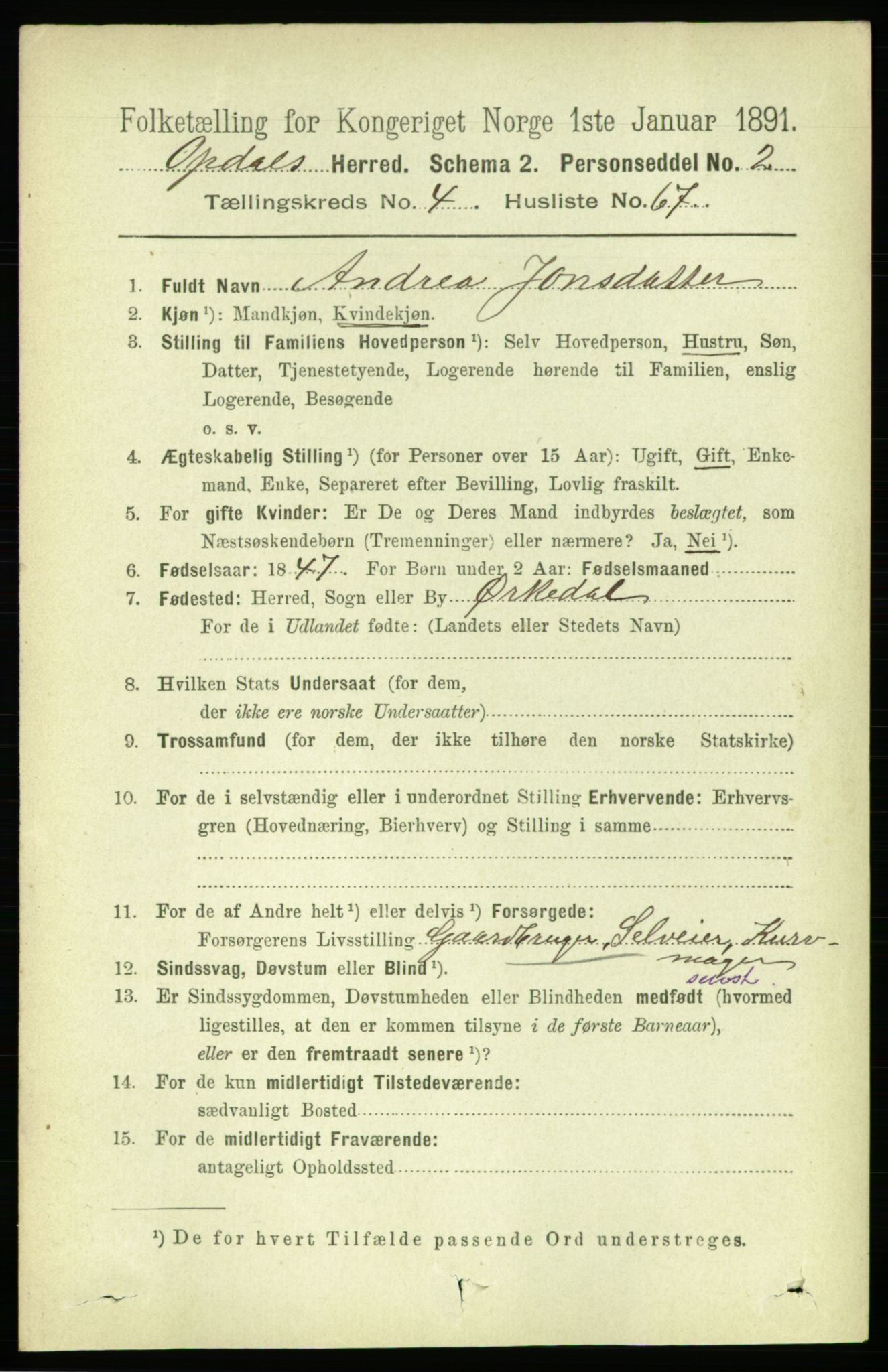 RA, 1891 census for 1634 Oppdal, 1891, p. 2143