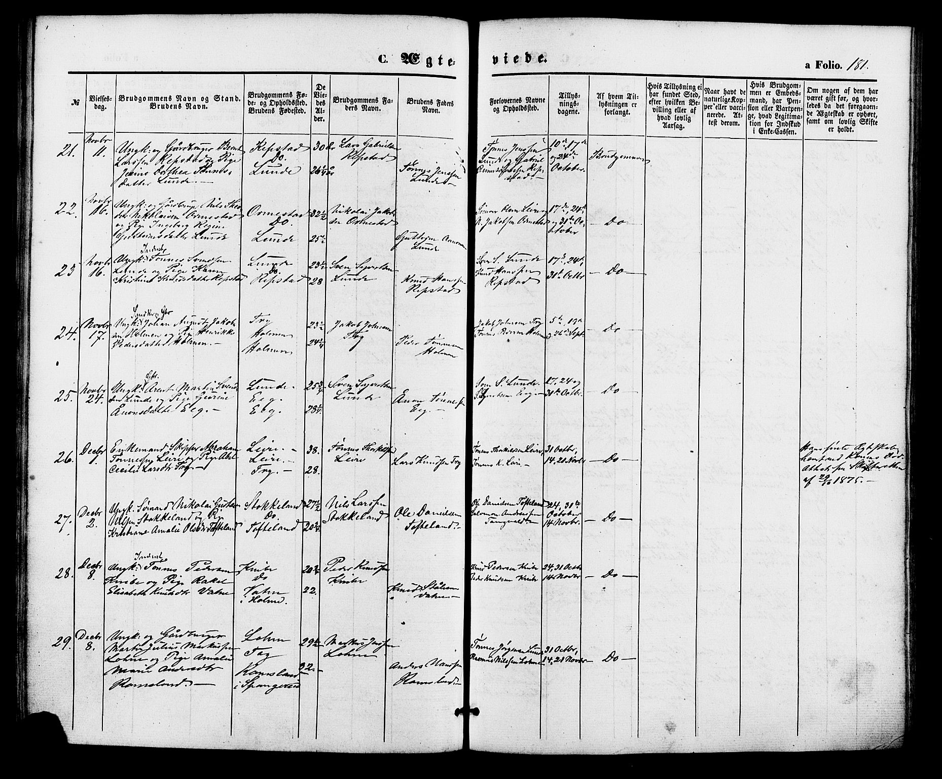 Søgne sokneprestkontor, SAK/1111-0037/F/Fa/Fab/L0011: Parish register (official) no. A 11, 1869-1879, p. 181