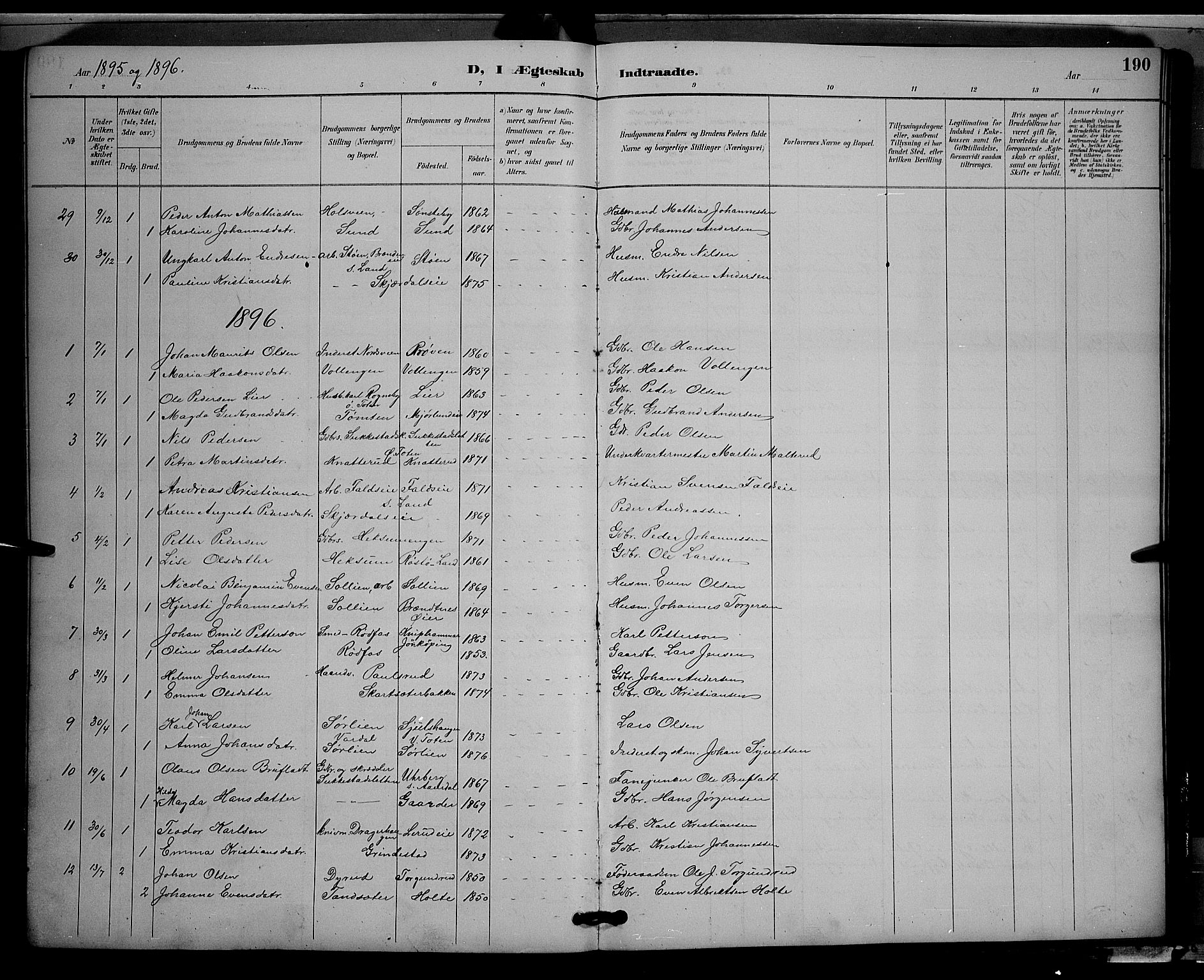 Vestre Toten prestekontor, SAH/PREST-108/H/Ha/Hab/L0009: Parish register (copy) no. 9, 1888-1900, p. 190