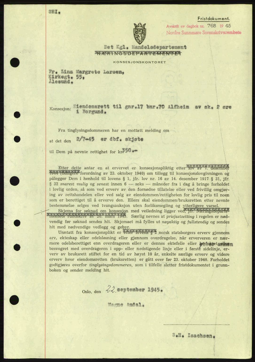 Nordre Sunnmøre sorenskriveri, SAT/A-0006/1/2/2C/2Ca: Mortgage book no. B6-14 a, 1942-1945, Diary no: : 768/1945