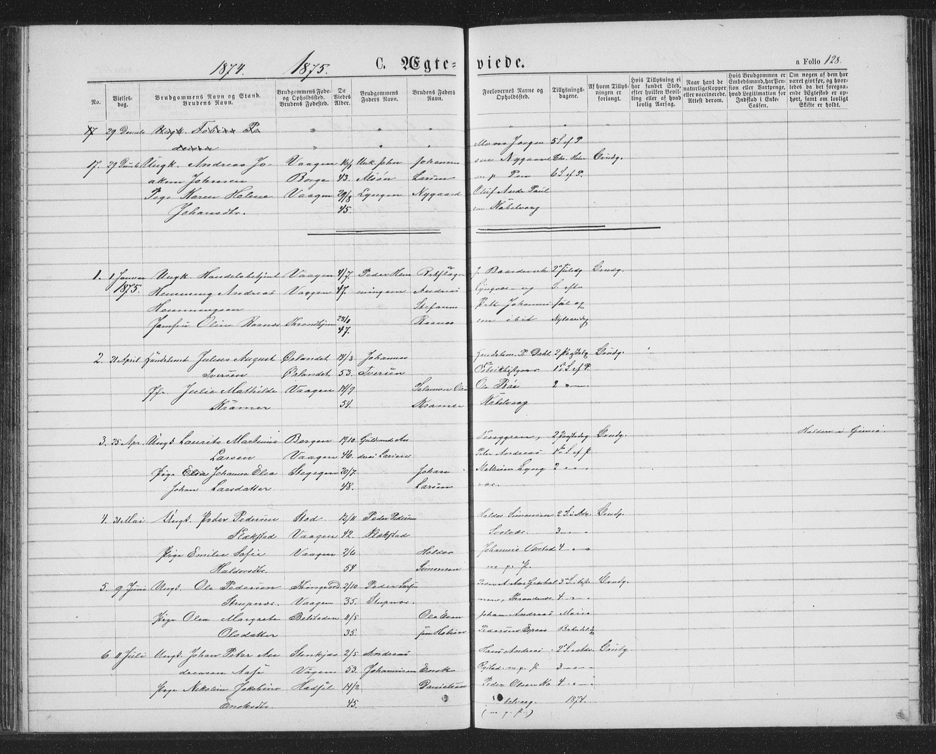 Ministerialprotokoller, klokkerbøker og fødselsregistre - Nordland, SAT/A-1459/874/L1074: Parish register (copy) no. 874C03, 1870-1876, p. 128