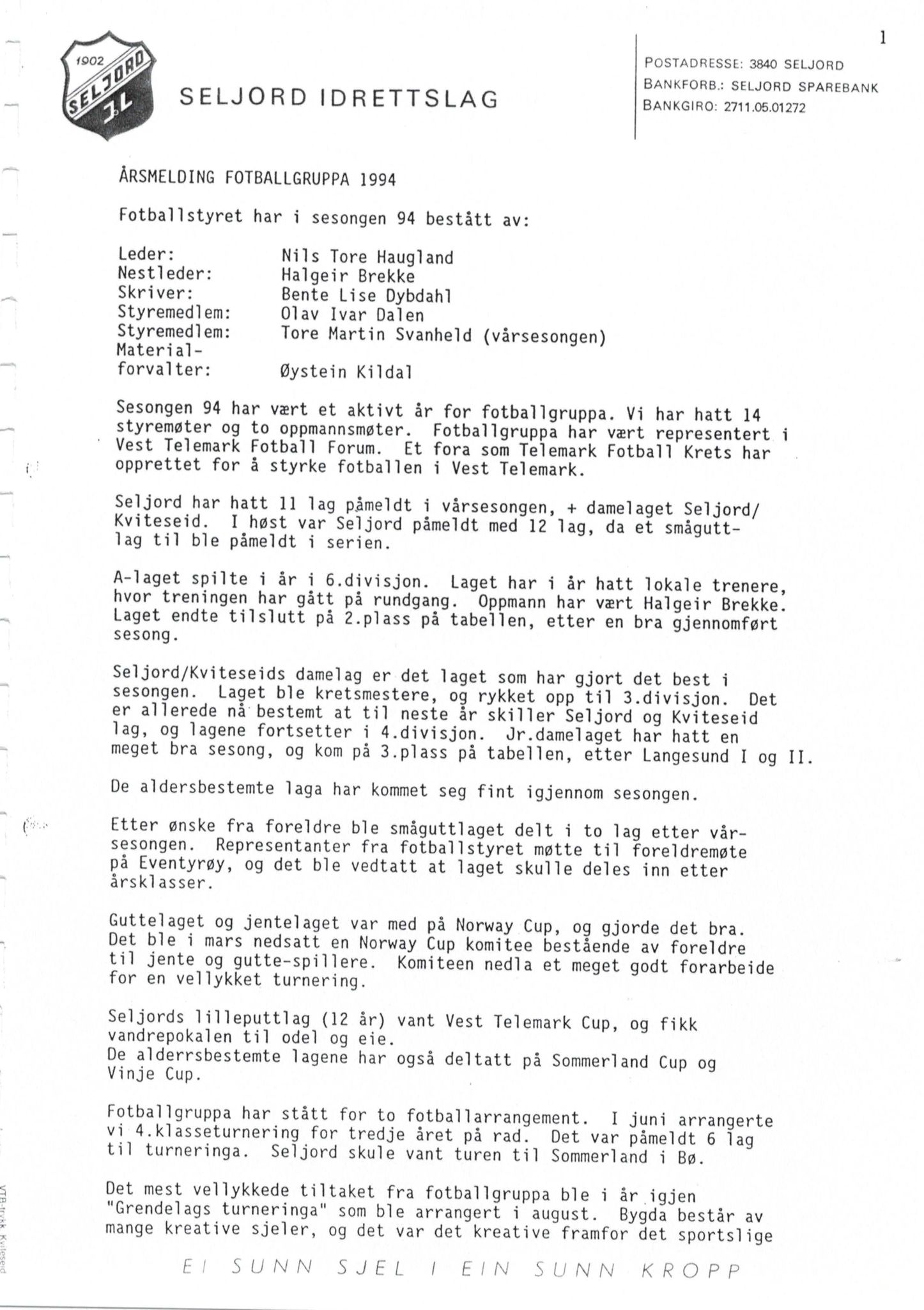 Seljord Idrettslag, VTM/A-1034/A/Ab/L0002: Årsmeldingar, 1993