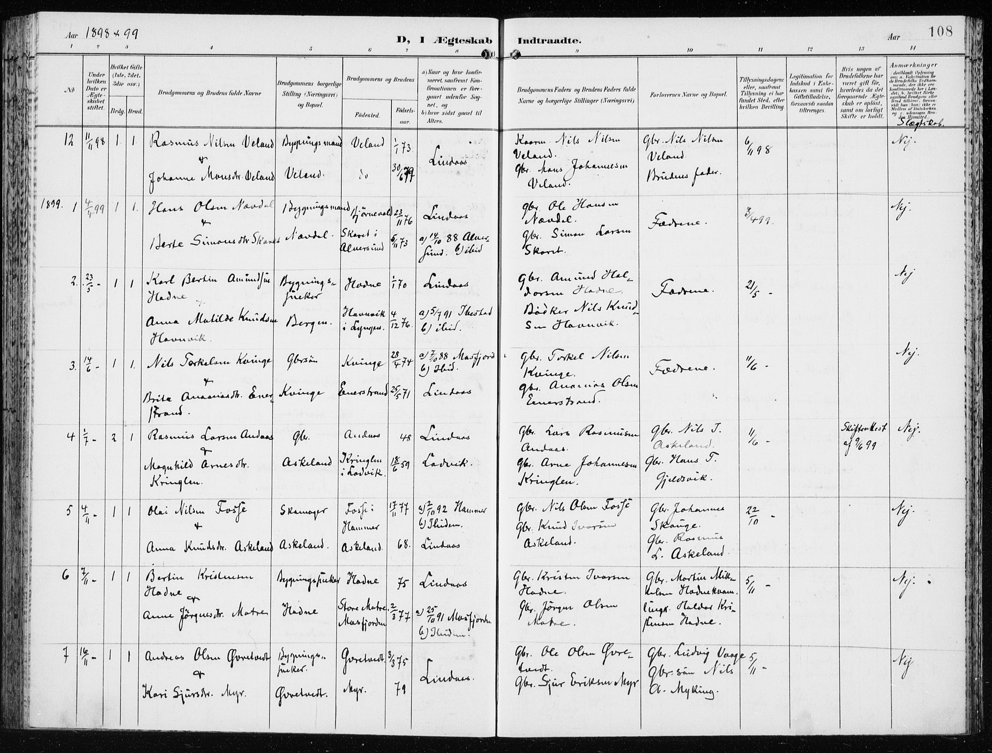 Lindås Sokneprestembete, AV/SAB-A-76701/H/Haa/Haaf/L0002: Parish register (official) no. F  2, 1897-1909, p. 108