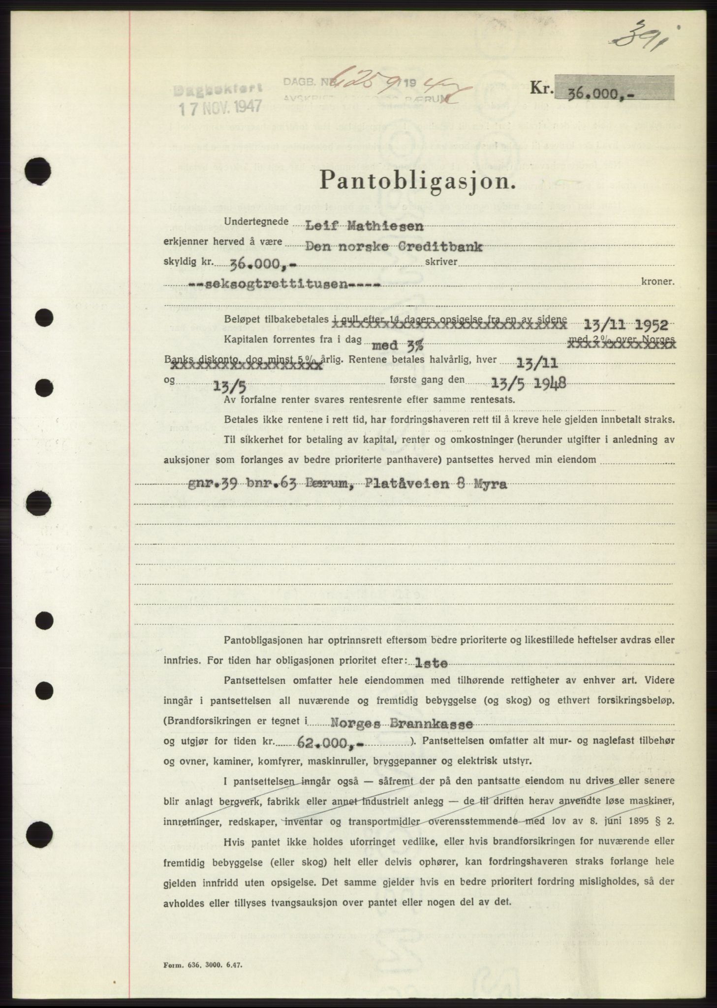 Aker herredsskriveri, AV/SAO-A-10896/G/Gb/Gbb/Gbbc/L0018: Mortgage book no. B84, 1947-1947, Diary no: : 6259/1947