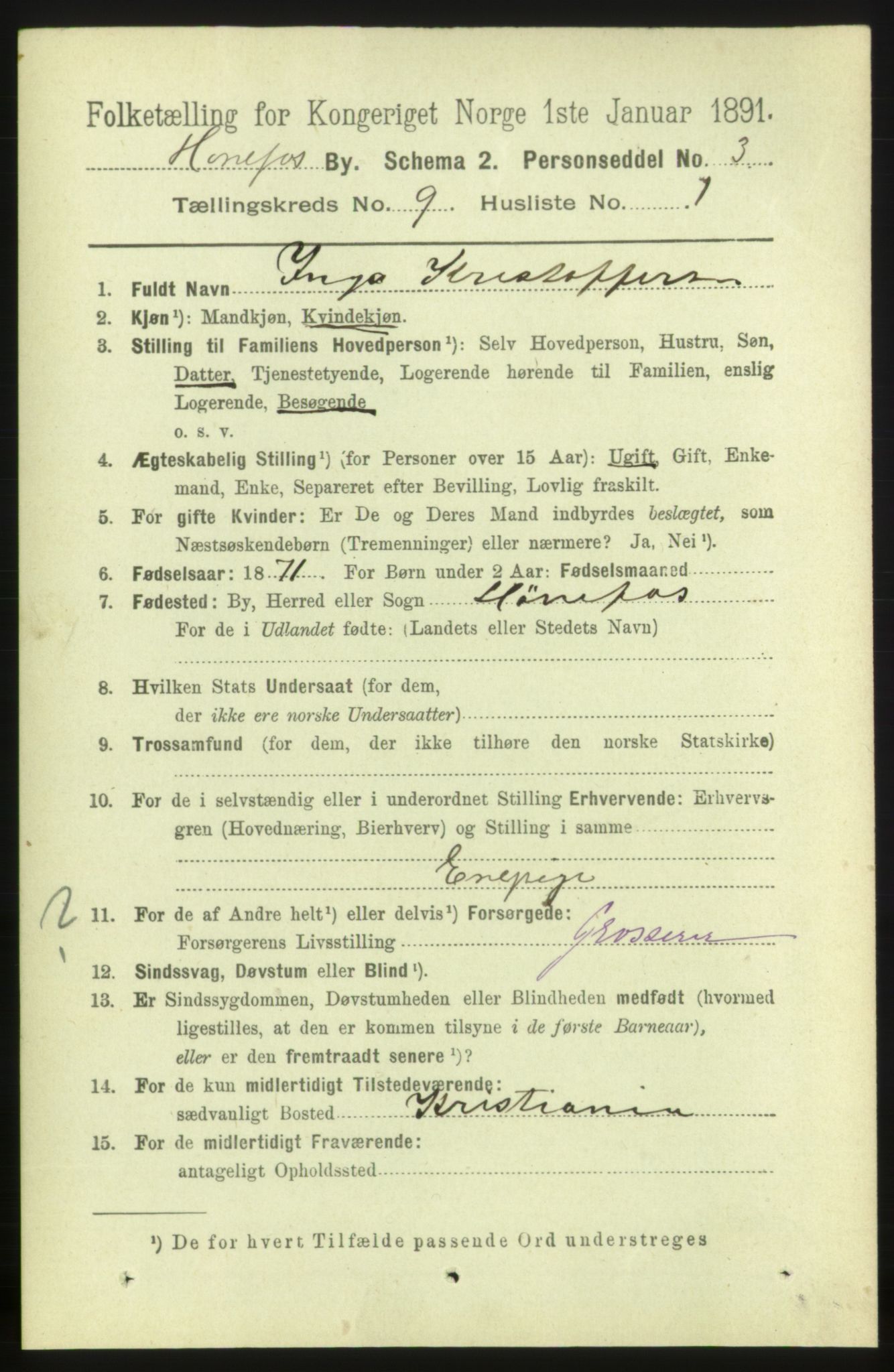 RA, 1891 census for 0601 Hønefoss, 1891, p. 1325