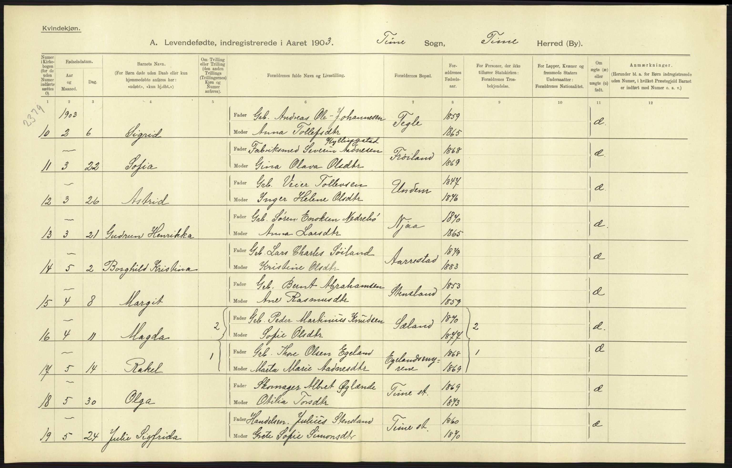 Statistisk sentralbyrå, Sosiodemografiske emner, Befolkning, AV/RA-S-2228/D/Df/Dfa/Dfaa/L0012: Stavanger amt: Fødte, gifte, døde, 1903, p. 31