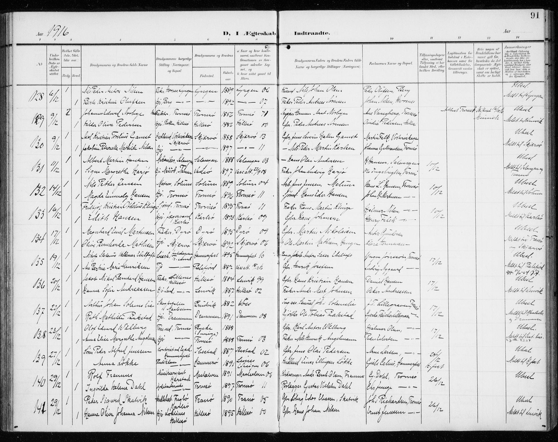 Tromsø sokneprestkontor/stiftsprosti/domprosti, AV/SATØ-S-1343/G/Ga/L0018kirke: Parish register (official) no. 18, 1907-1917, p. 91