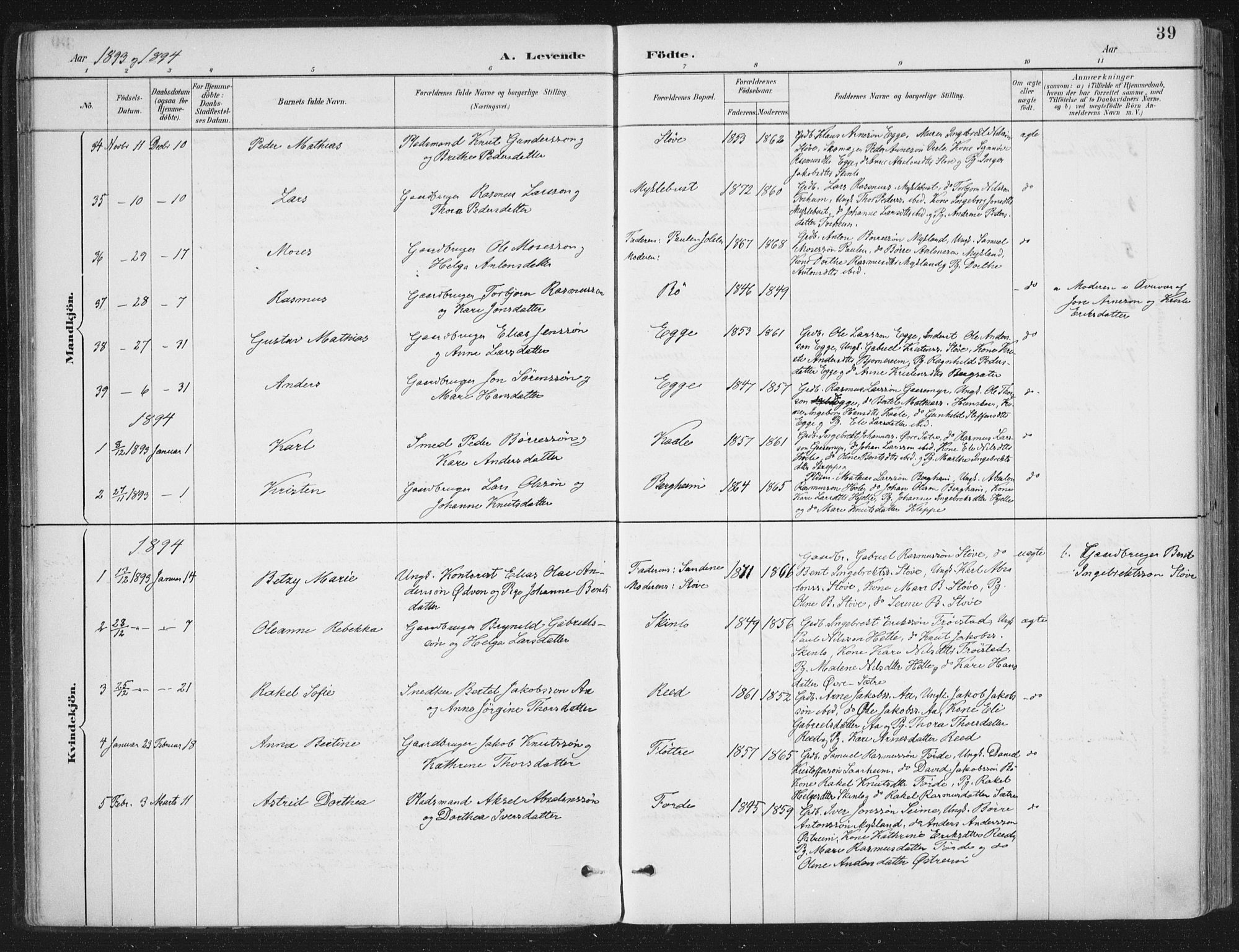 Gloppen sokneprestembete, AV/SAB-A-80101/H/Haa/Haac/L0002: Parish register (official) no. C  2, 1887-1904, p. 39