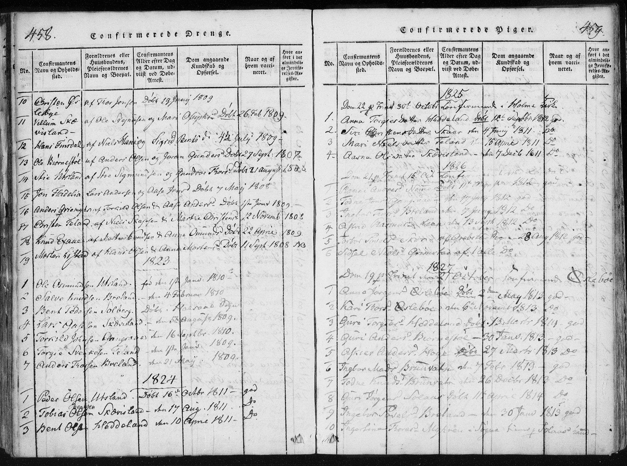 Holum sokneprestkontor, AV/SAK-1111-0022/F/Fa/Fac/L0002: Parish register (official) no. A 2, 1821-1859, p. 458-459