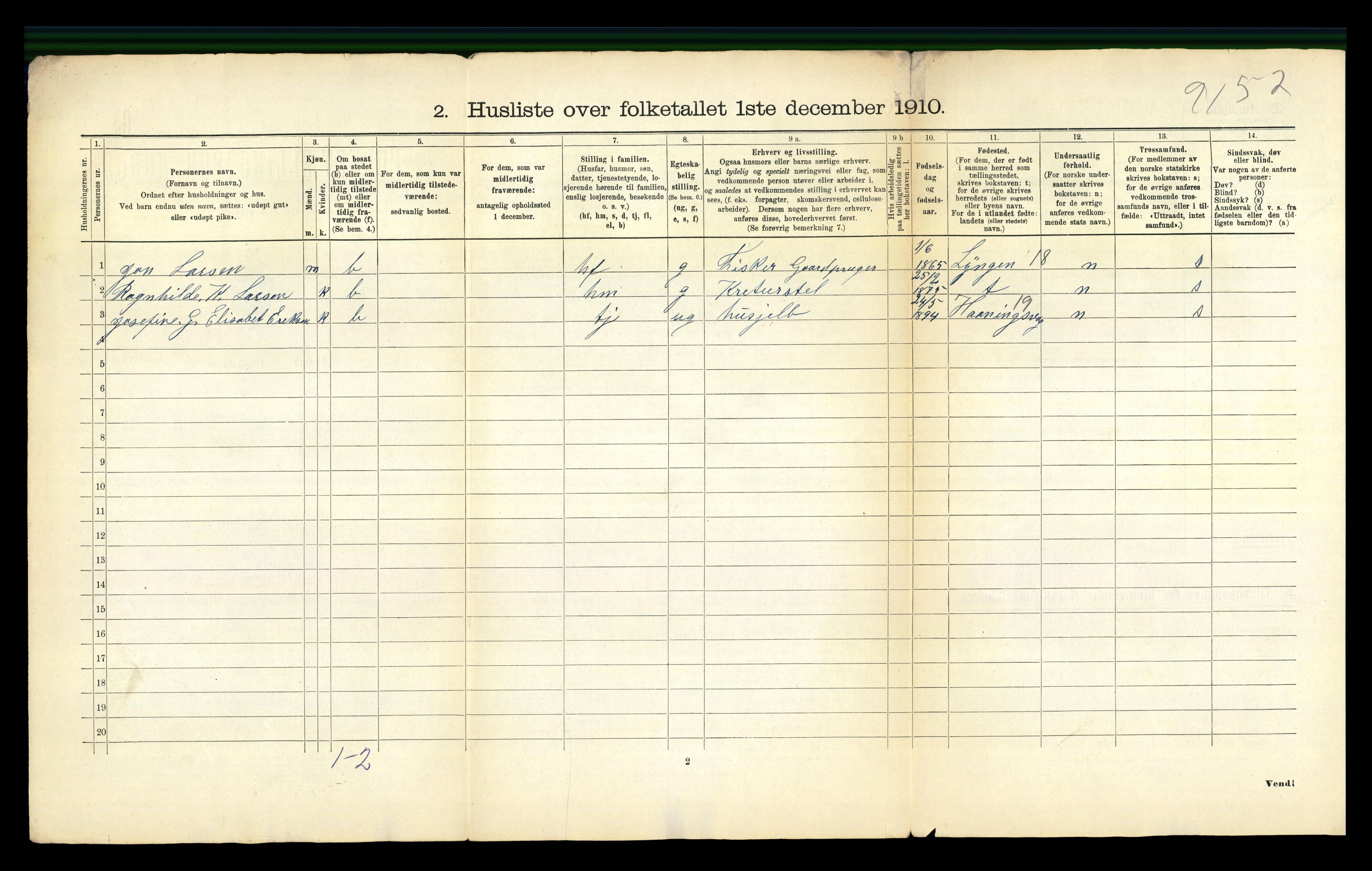 RA, 1910 census for Kistrand, 1910, p. 32