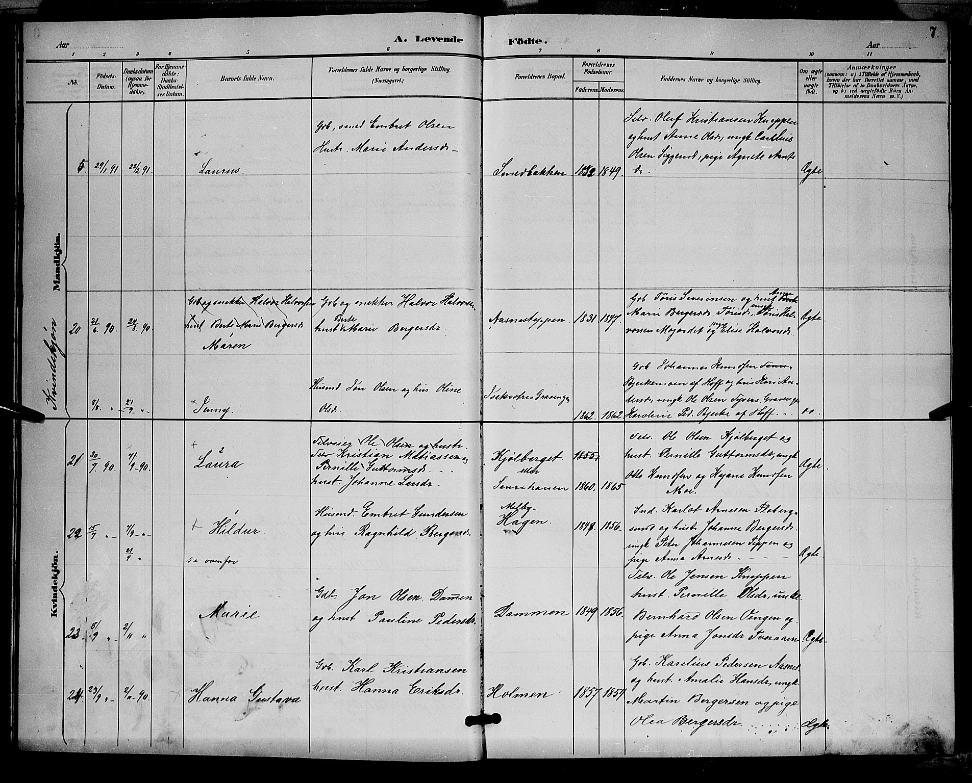 Åsnes prestekontor, SAH/PREST-042/H/Ha/Hab/L0001: Parish register (copy) no. 1, 1890-1891, p. 7