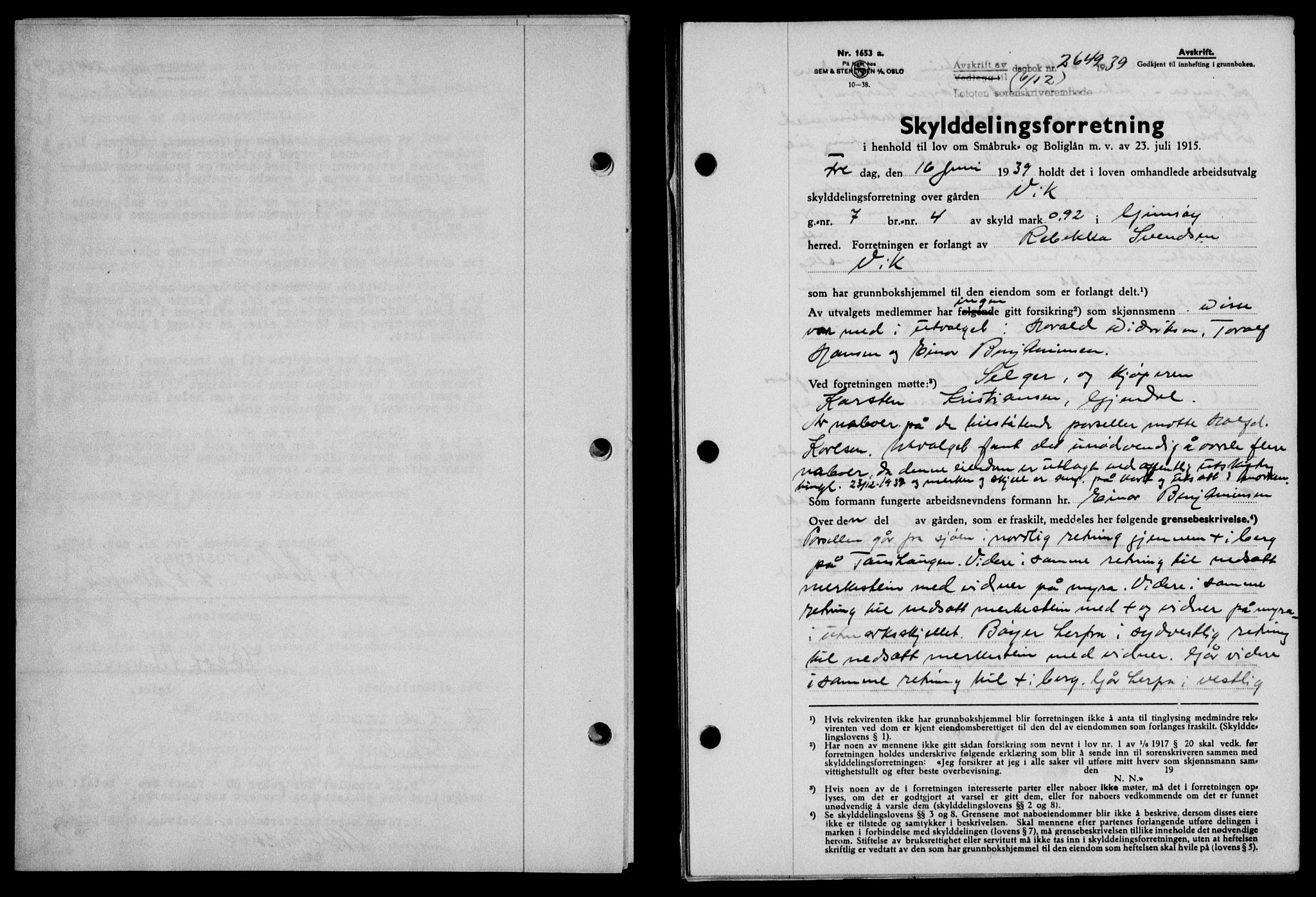 Lofoten sorenskriveri, SAT/A-0017/1/2/2C/L0007a: Mortgage book no. 7a, 1939-1940, Diary no: : 2649/1939