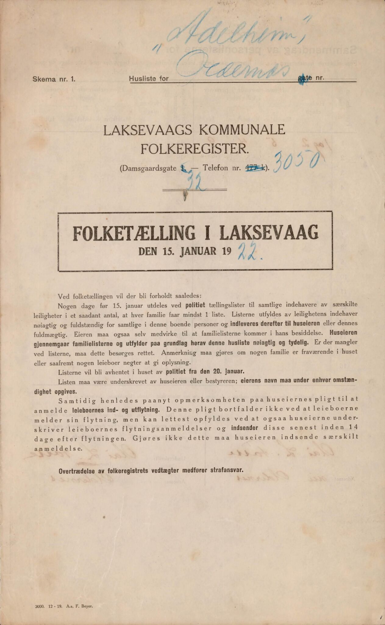 Laksevåg kommune. Folkeregisteret, BBA/A-1586/E/Ea/L0005: Folketellingskjema 1922, 1922