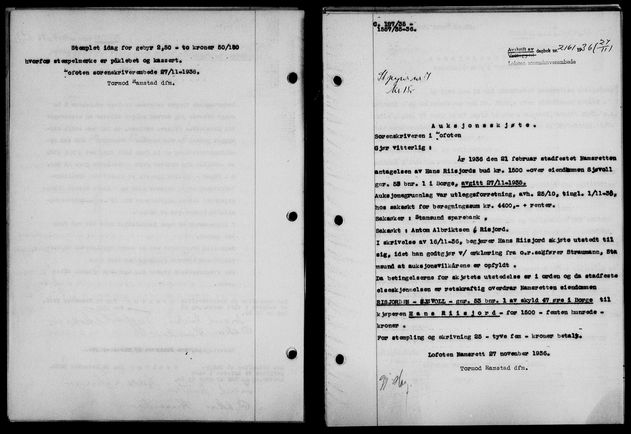 Lofoten sorenskriveri, SAT/A-0017/1/2/2C/L0001a: Mortgage book no. 1a, 1936-1937, Diary no: : 2161/1936