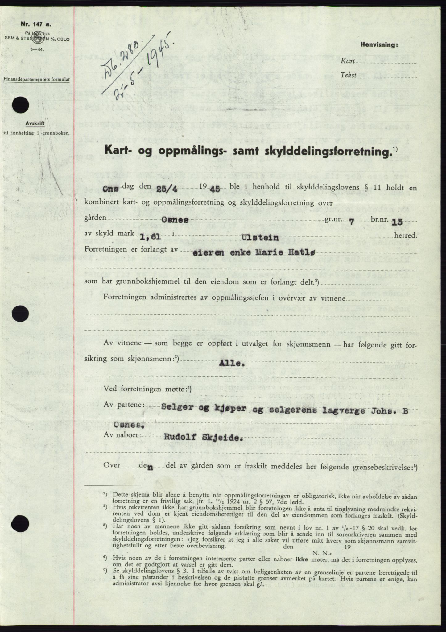 Søre Sunnmøre sorenskriveri, AV/SAT-A-4122/1/2/2C/L0077: Mortgage book no. 3A, 1945-1946, Diary no: : 280/1945