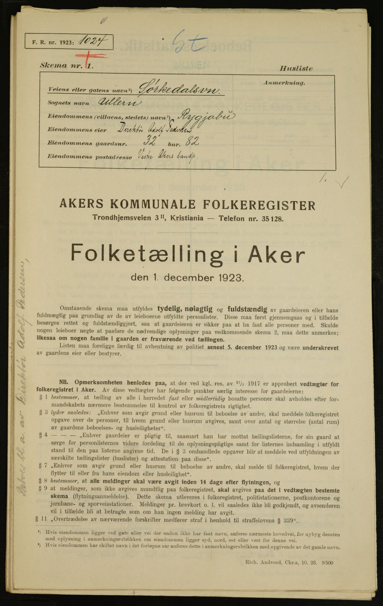 , Municipal Census 1923 for Aker, 1923, p. 6237