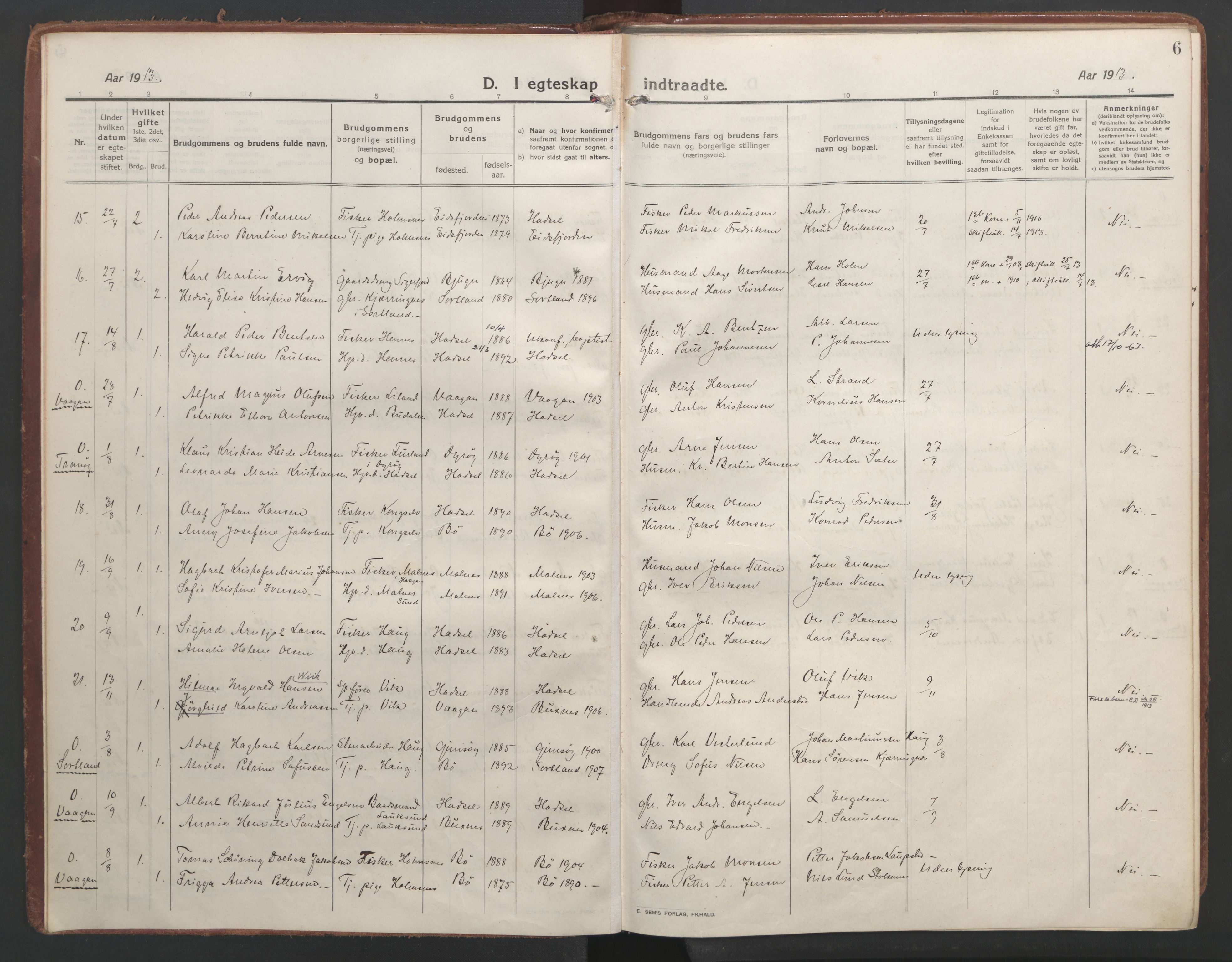 Ministerialprotokoller, klokkerbøker og fødselsregistre - Nordland, AV/SAT-A-1459/888/L1251: Parish register (official) no. 888A17, 1913-1925, p. 6