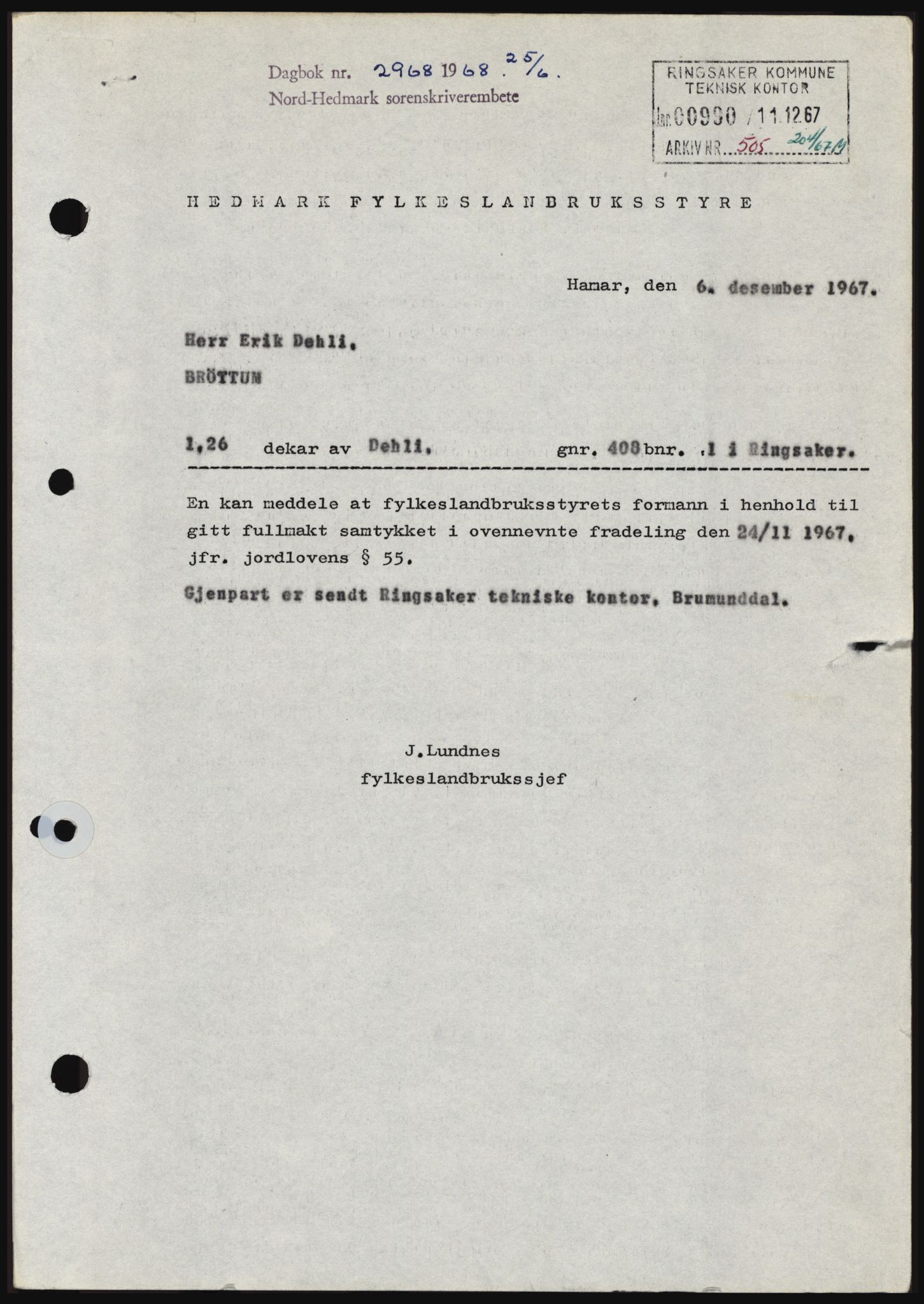 Nord-Hedmark sorenskriveri, SAH/TING-012/H/Hc/L0028: Mortgage book no. 28, 1968-1968, Diary no: : 2968/1968