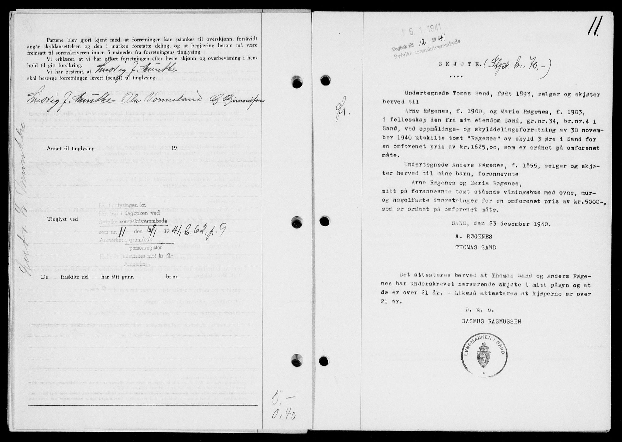 Ryfylke tingrett, SAST/A-100055/001/II/IIB/L0083: Mortgage book no. 62, 1941-1941, Diary no: : 12/1941