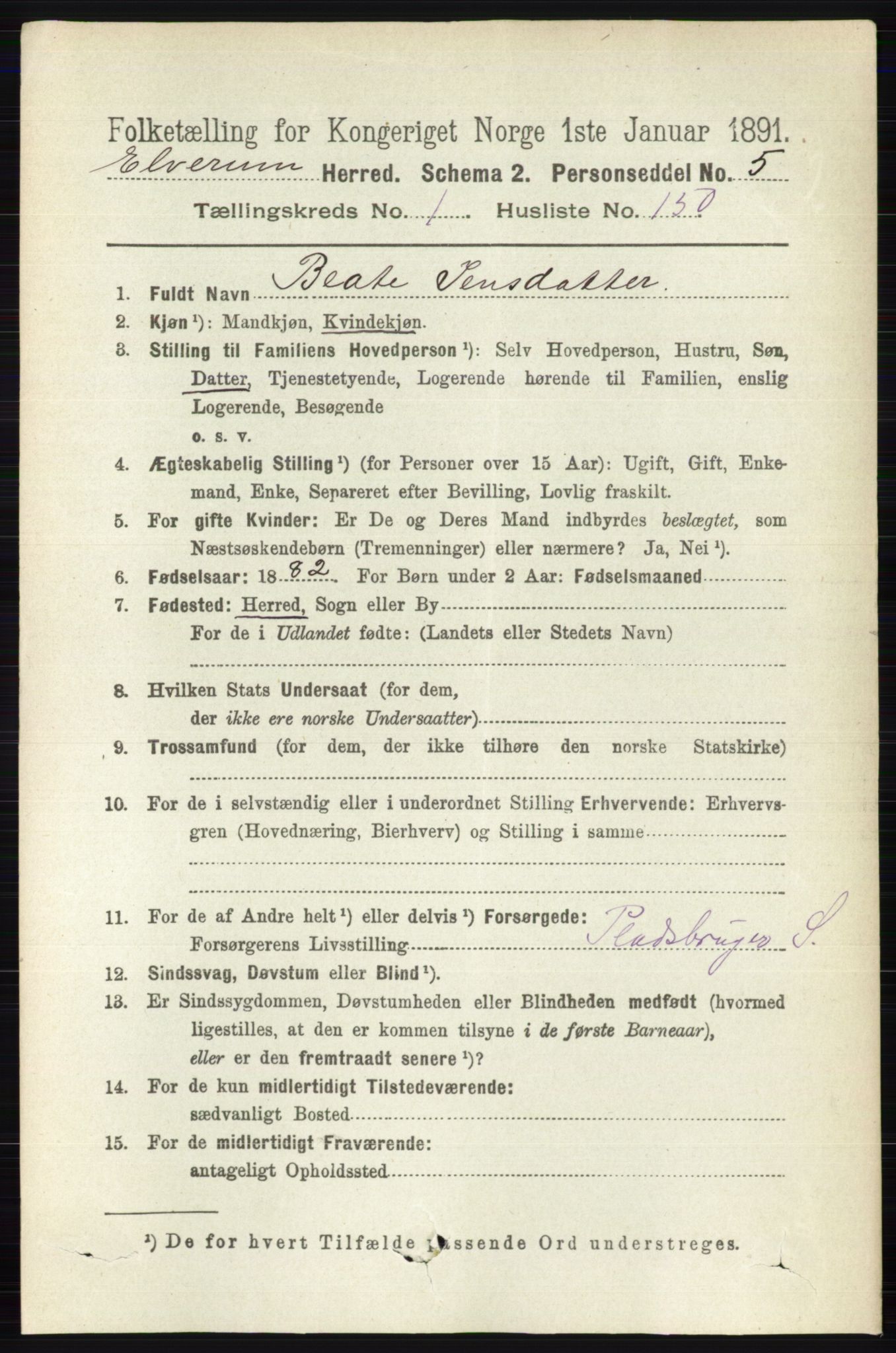 RA, 1891 census for 0427 Elverum, 1891, p. 1118