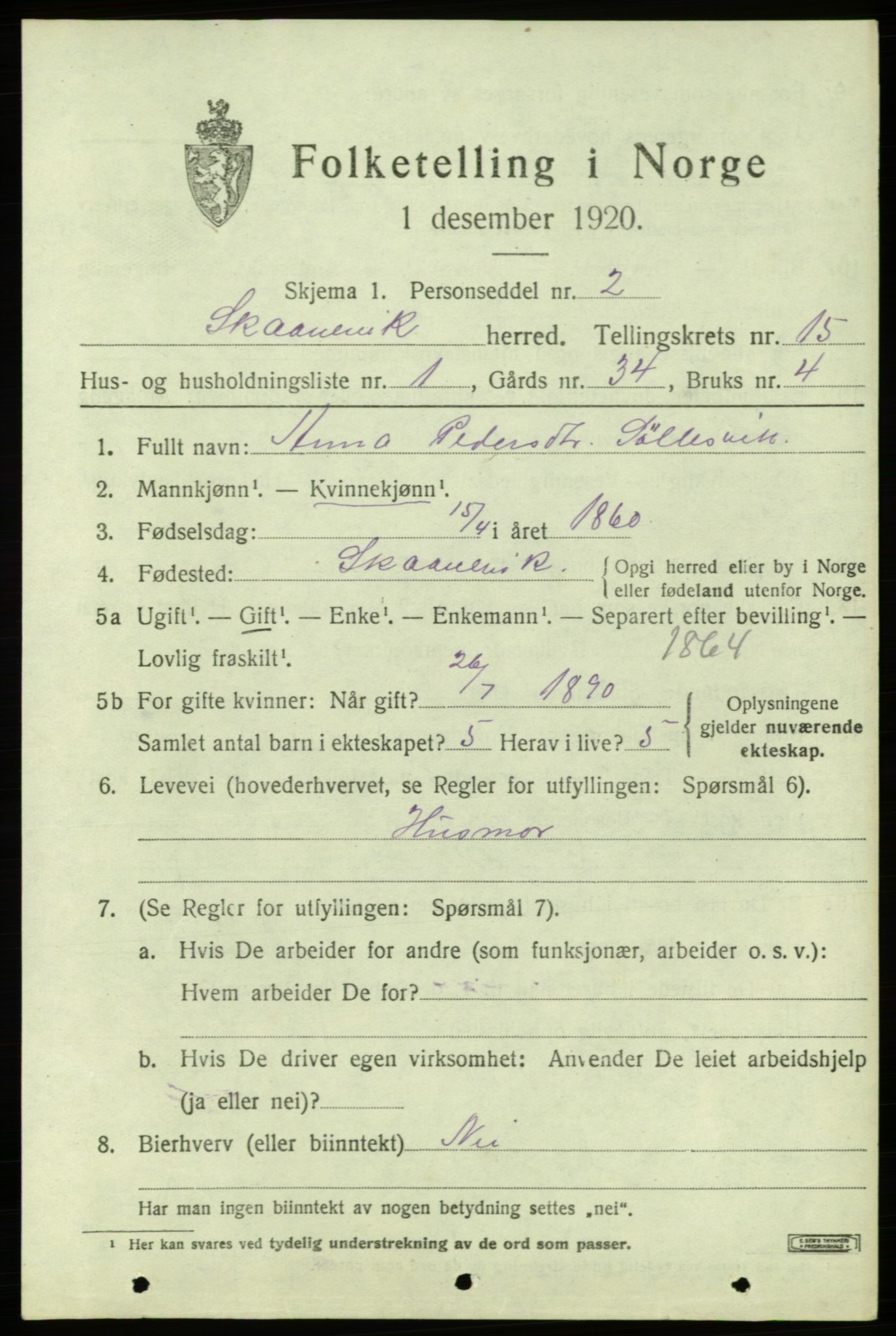 SAB, 1920 census for Skånevik, 1920, p. 6163