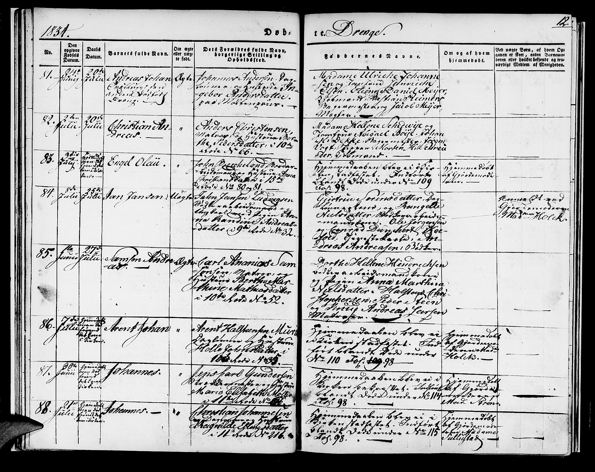 Domkirken sokneprestembete, SAB/A-74801/H/Haa/L0014: Parish register (official) no. A 13, 1830-1837, p. 12