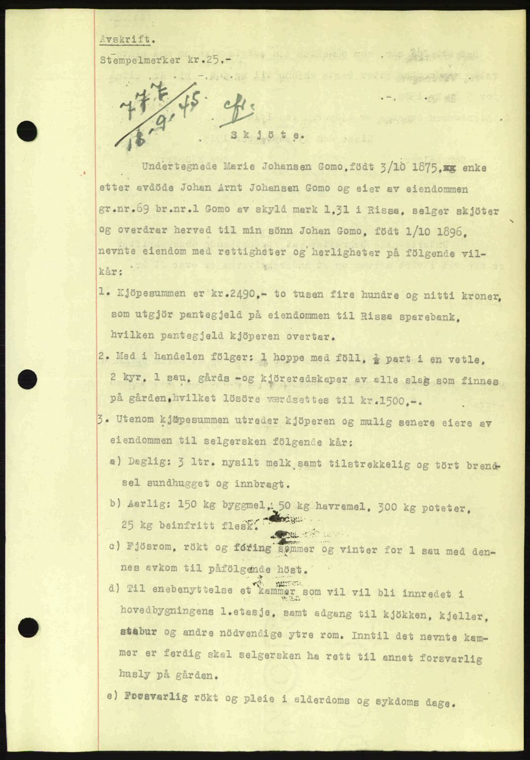 Fosen sorenskriveri, AV/SAT-A-1107/1/2/2C: Mortgage book no. A3, 1943-1945, Diary no: : 777/1945