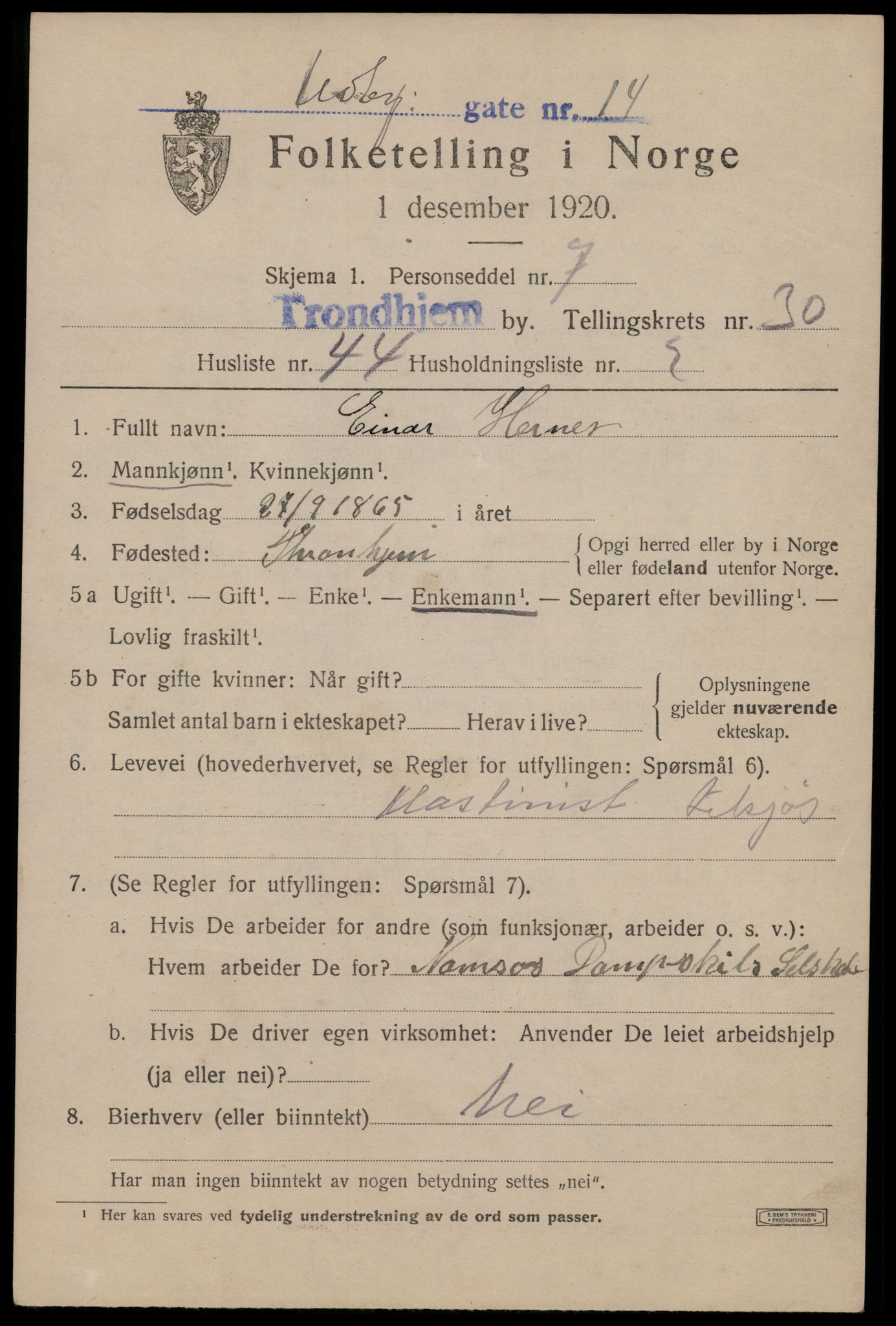 SAT, 1920 census for Trondheim, 1920, p. 75322