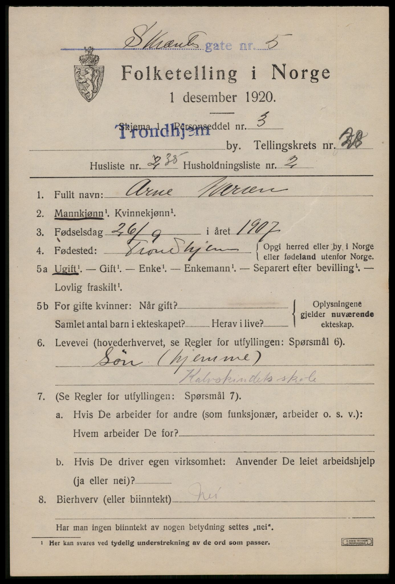 SAT, 1920 census for Trondheim, 1920, p. 87250