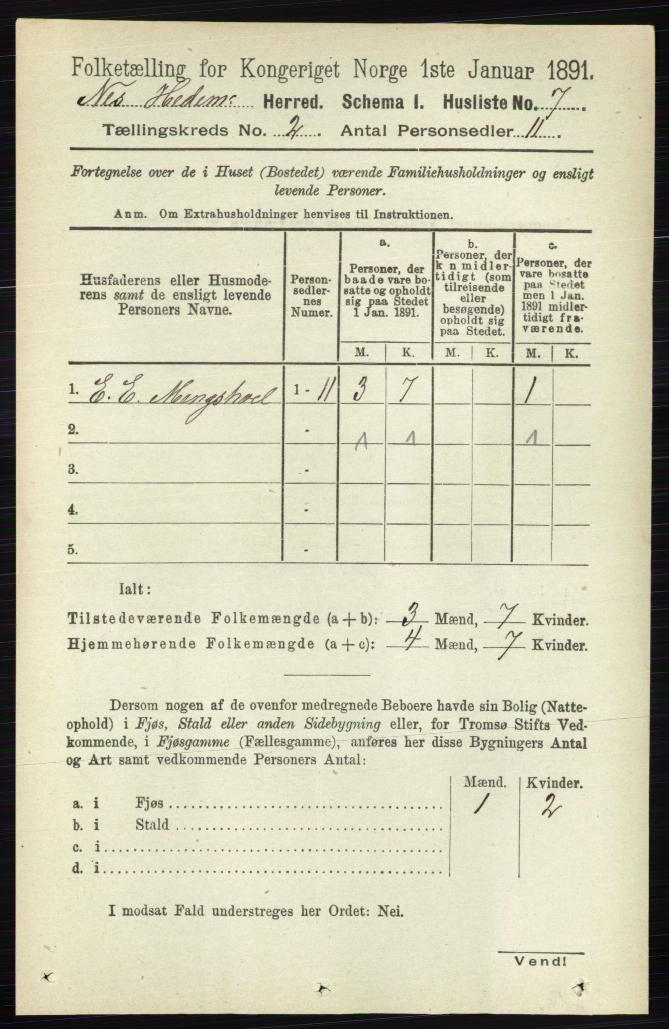 RA, 1891 census for 0411 Nes, 1891, p. 1010