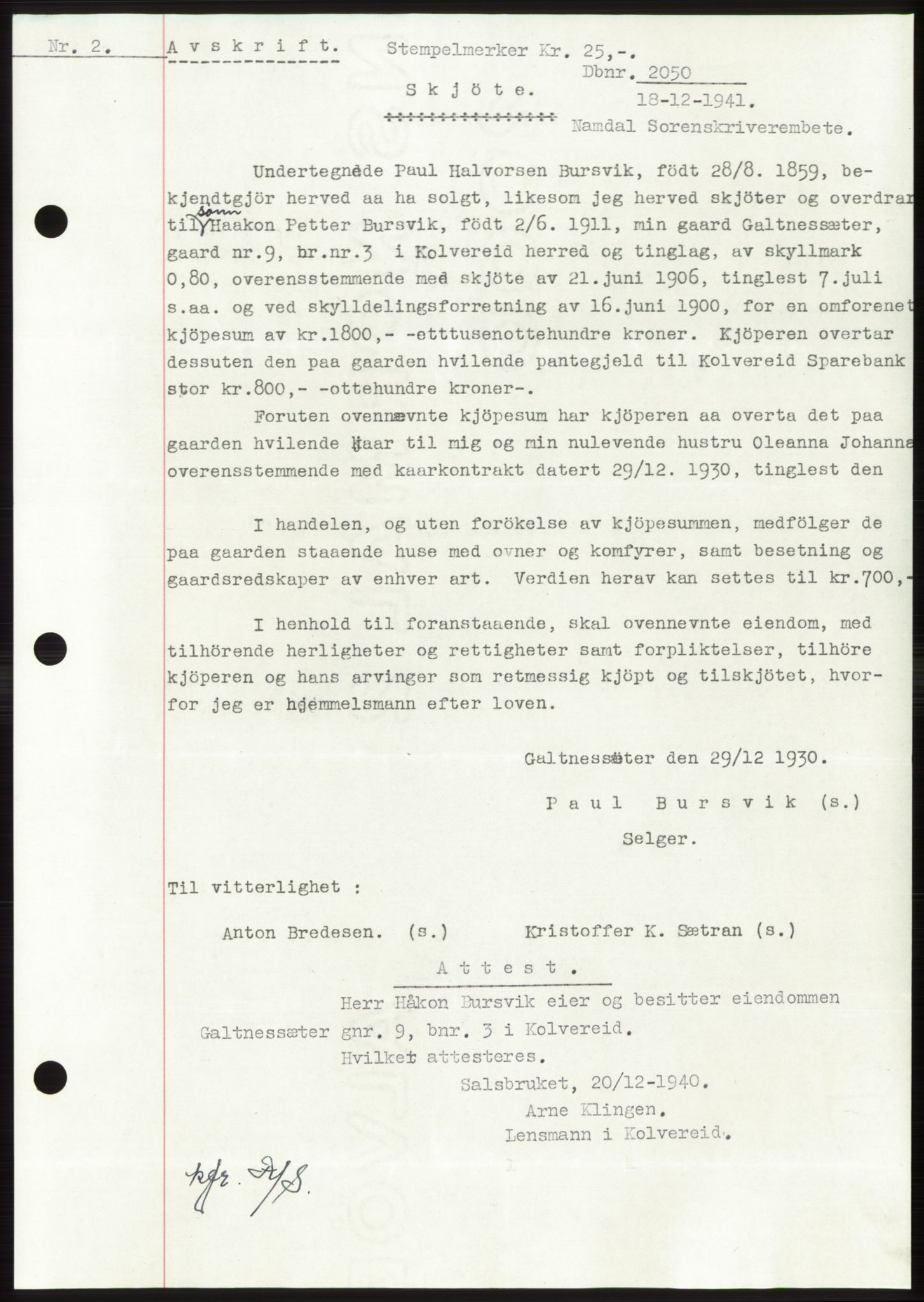 Namdal sorenskriveri, SAT/A-4133/1/2/2C: Mortgage book no. -, 1941-1942, Diary no: : 2050/1941