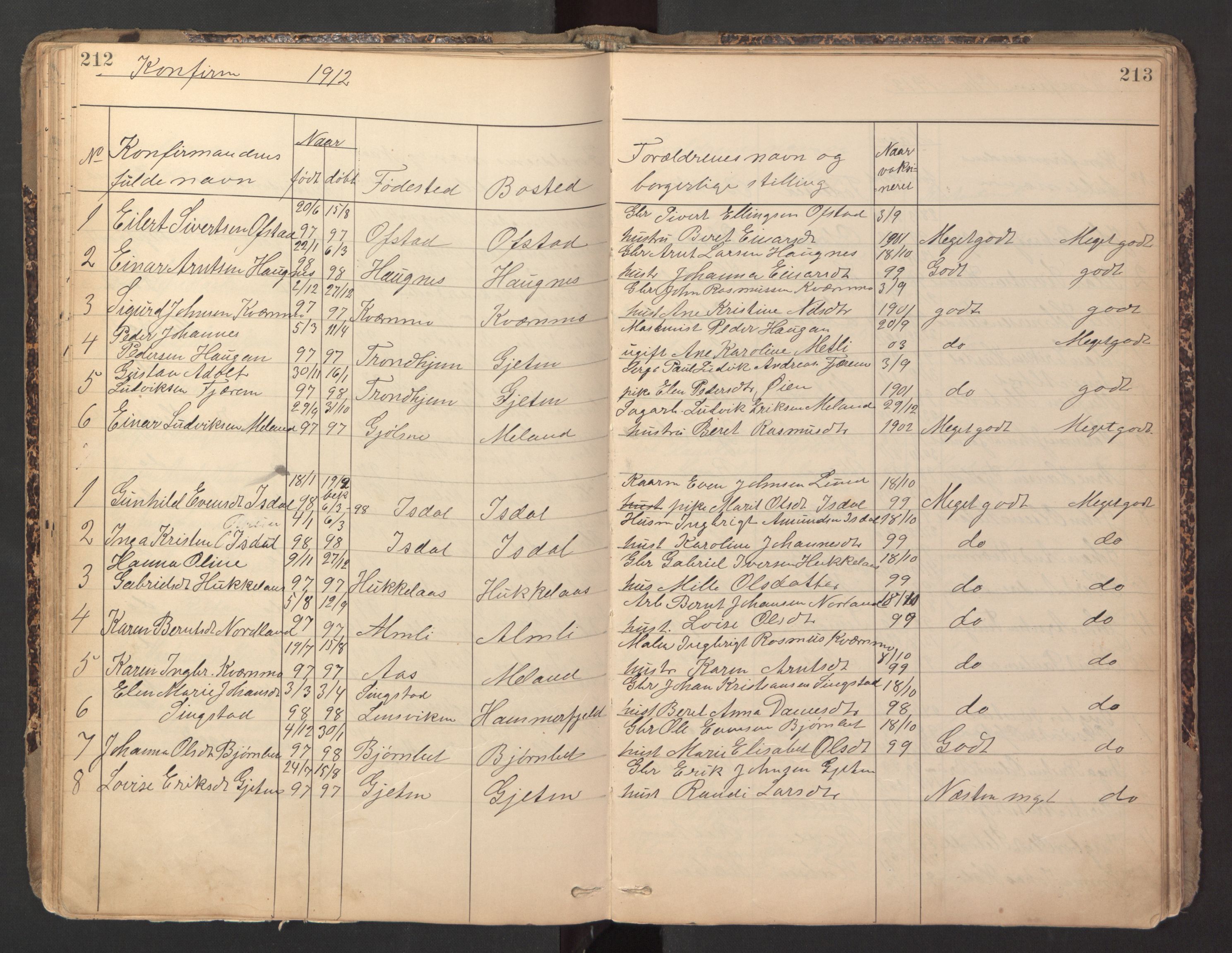 Ministerialprotokoller, klokkerbøker og fødselsregistre - Sør-Trøndelag, SAT/A-1456/670/L0837: Parish register (copy) no. 670C01, 1905-1946, p. 212-213