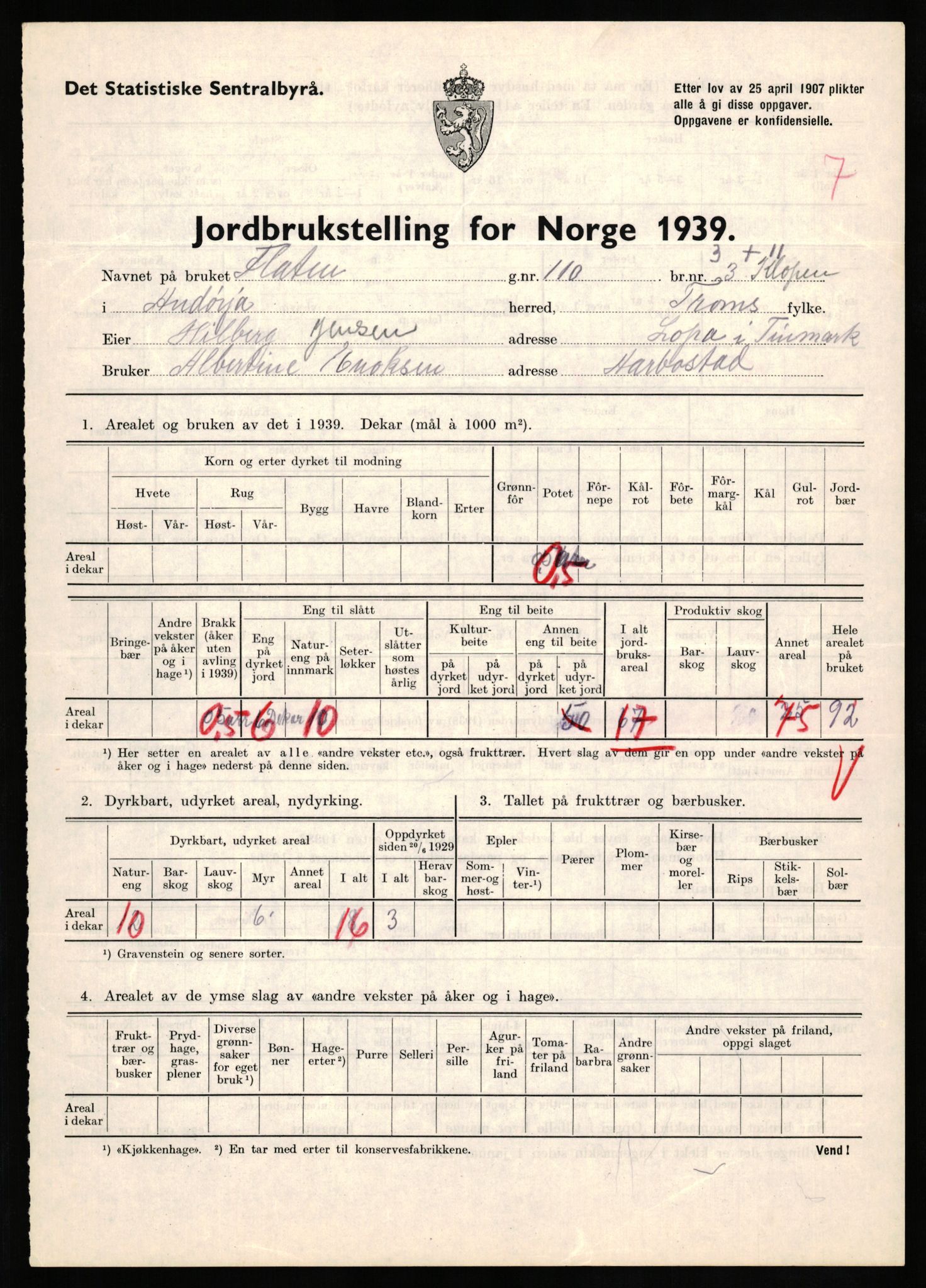 Statistisk sentralbyrå, Næringsøkonomiske emner, Jordbruk, skogbruk, jakt, fiske og fangst, AV/RA-S-2234/G/Gb/L0339: Troms: Andørja, Astafjord og Lavangen, 1939, p. 516