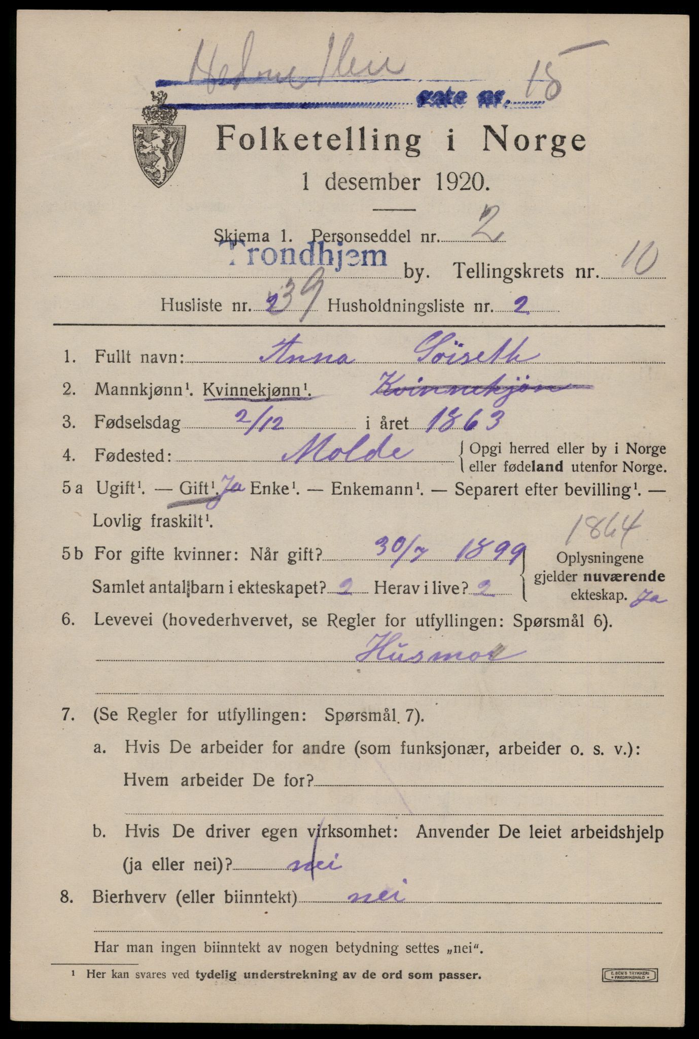 SAT, 1920 census for Trondheim, 1920, p. 45892