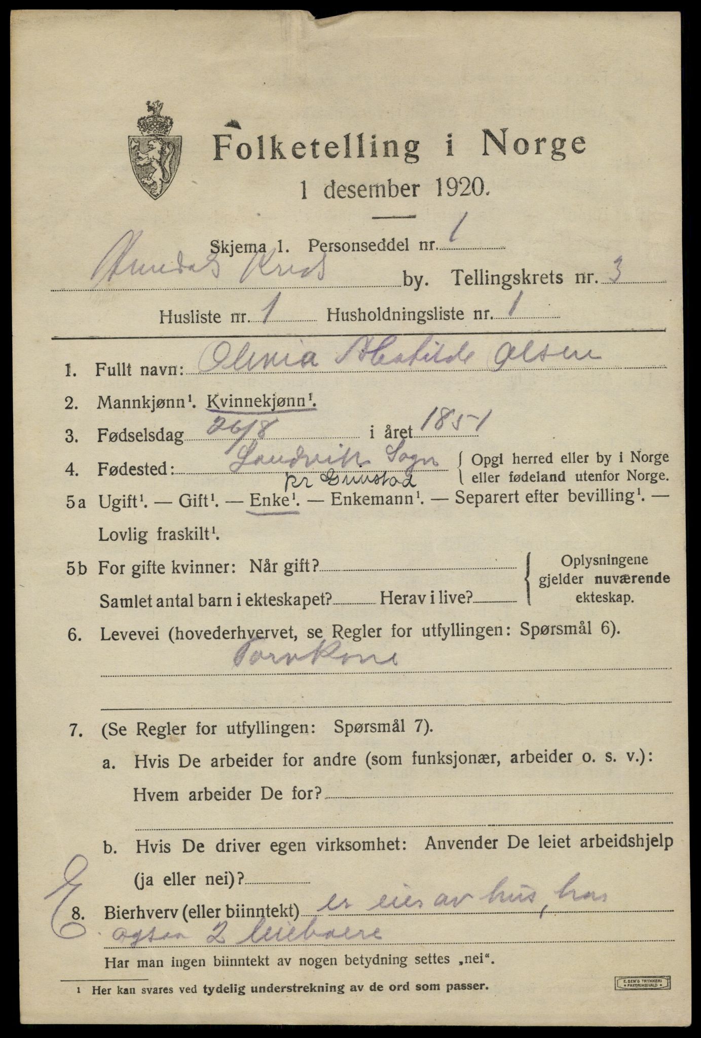 SAK, 1920 census for Arendal, 1920, p. 10786