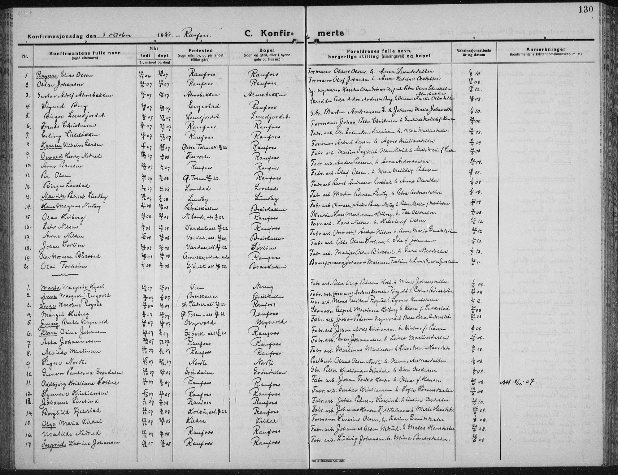 Vestre Toten prestekontor, AV/SAH-PREST-108/H/Ha/Hab/L0018: Parish register (copy) no. 18, 1928-1941, p. 130