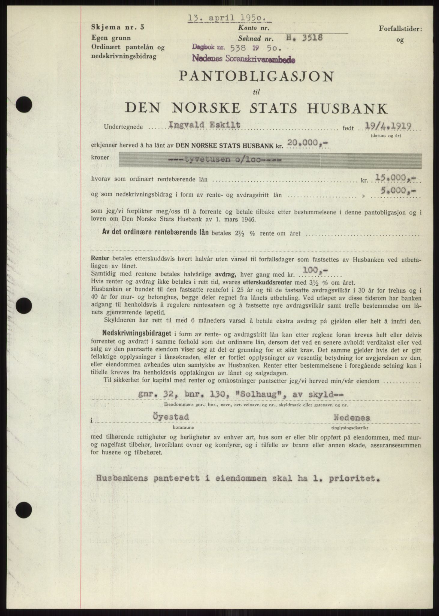 Nedenes sorenskriveri, AV/SAK-1221-0006/G/Gb/Gbb/L0007: Mortgage book no. B7, 1949-1950, Diary no: : 538/1950